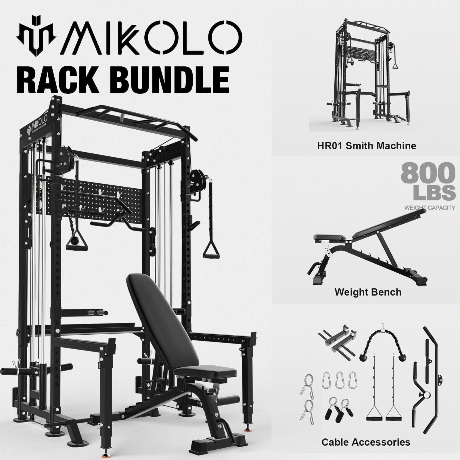 Mikolo - Power Rack, 2000LB Capacity Power Cage with Cable Crossover System, Multi-function Squat Rack With Weight Bench - Black