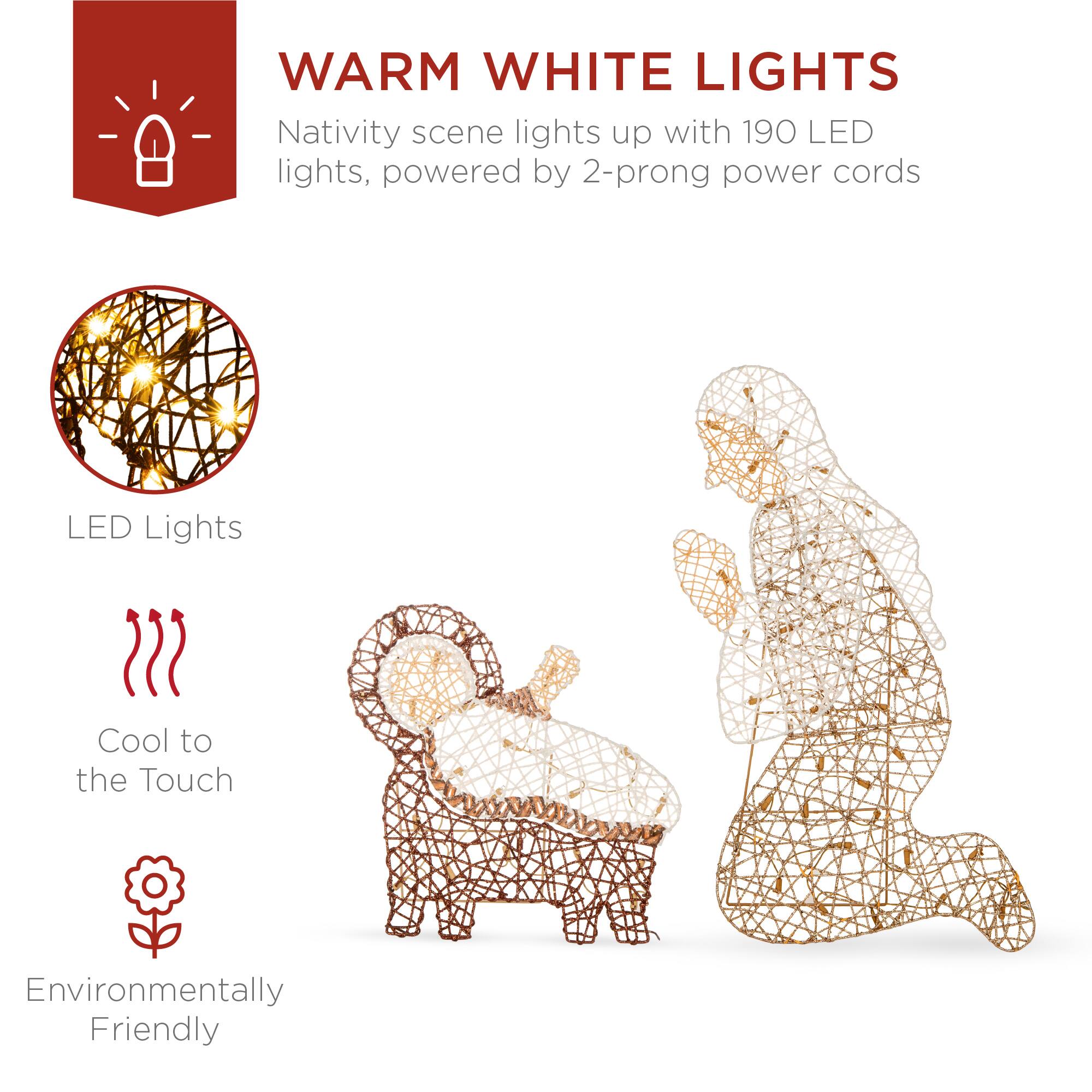 **WARM WHITE LIGHTS**

Nativity scene lights up with 190 LED lights, powered by 2-prong power cords

- LED Lights
- Cool to the Touch
- Environmentally Friendly