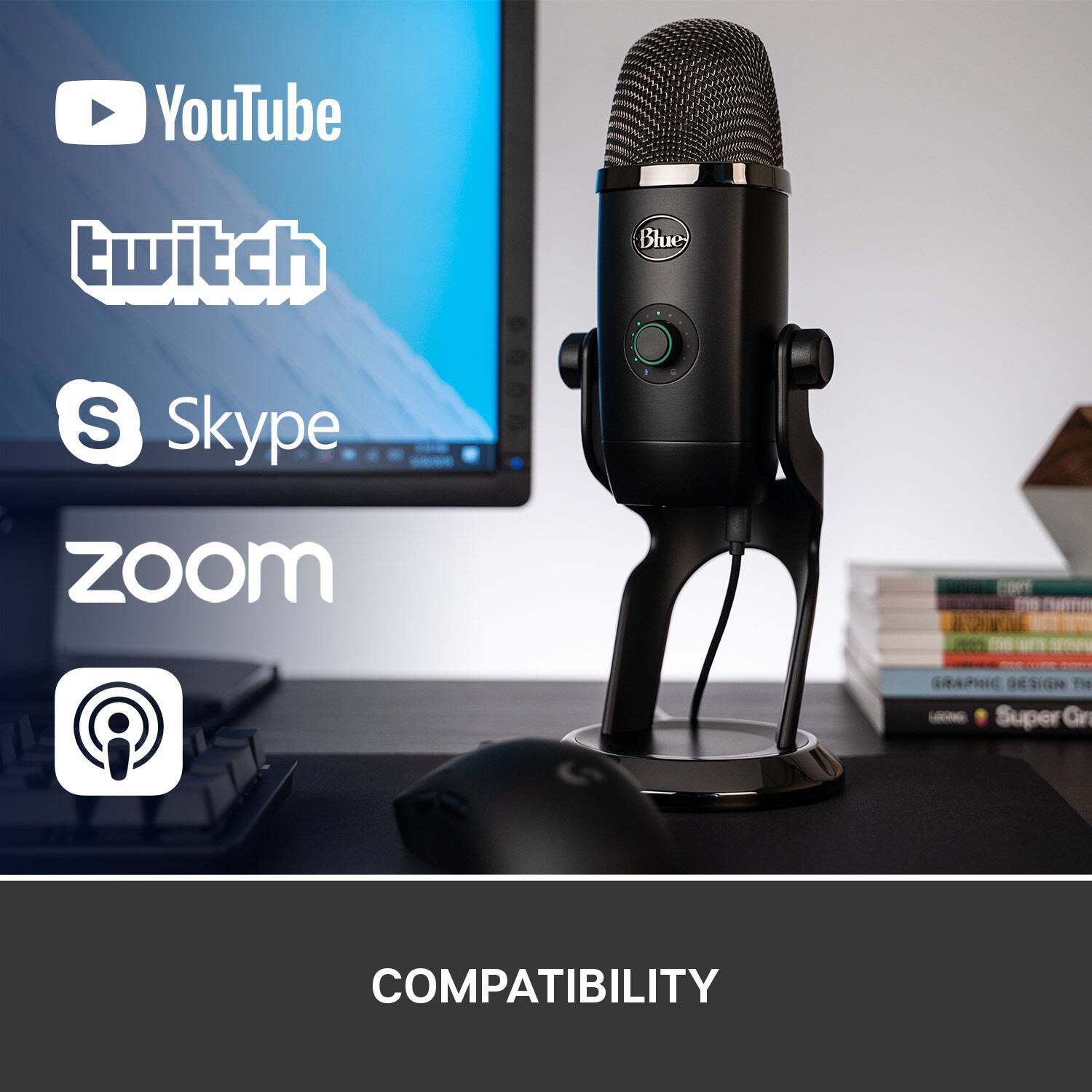 YouTube, Twitch, Blue Yeti, Skype, Zoom, and Super Grahic Design are all compatible with the microphone.