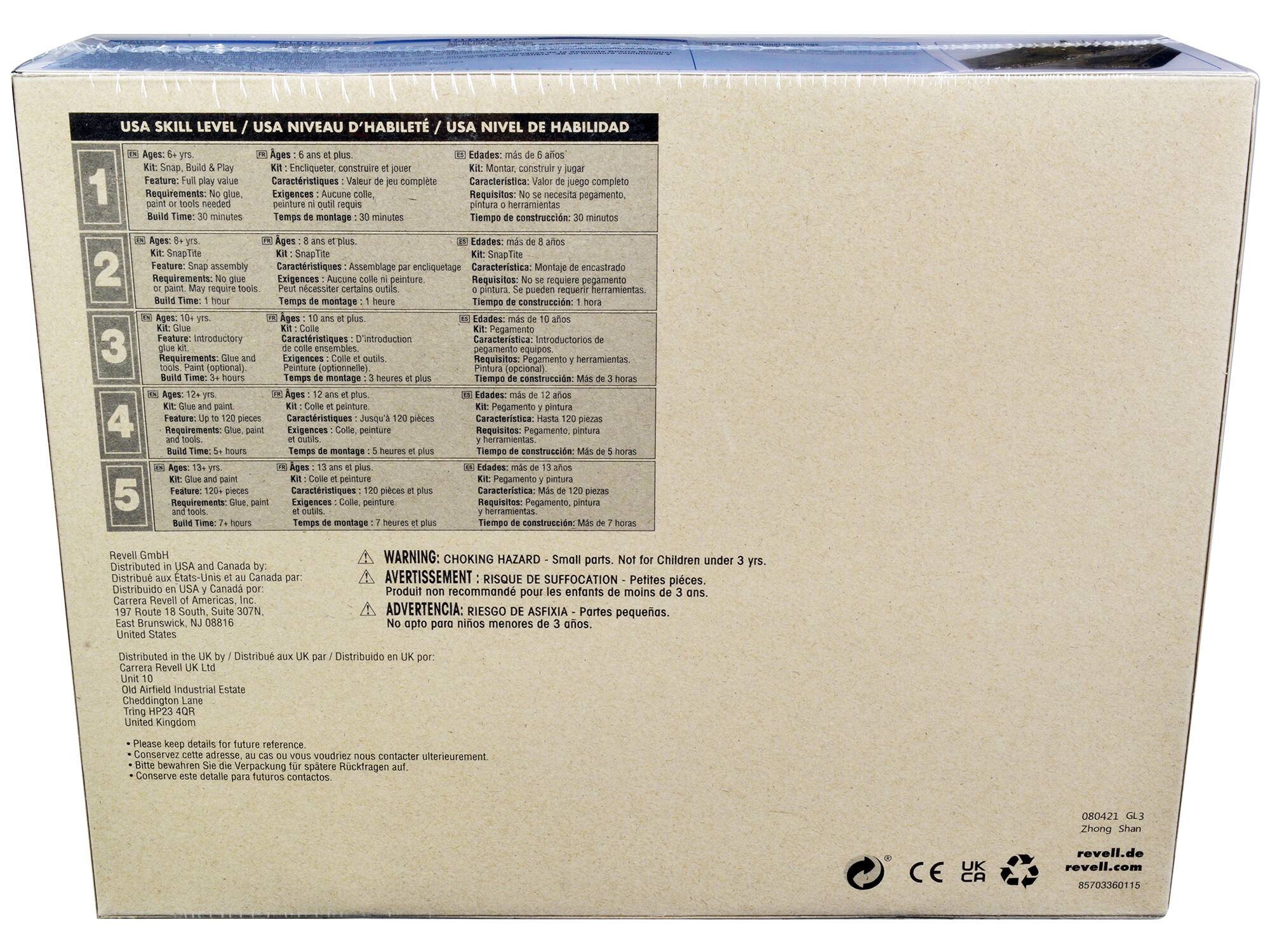 **USA SKILL LEVEL / USA NIVEAU D'ABILITÉ / USA NIVEL DE HABILIDAD**

1. **Ages: 6-12 yrs.**  
   - Kit: Snap, Build & Play  
   - Feature: Full play value  
   - Requirements: No glue or paint needed  
   - Build Time: 30 minutes  
   - Edades: 6-12 años  
   - Kit: Montar, construir y jugar  
   - Características: Valor de juego completo  
   - Requisitos: No se requiere pegamento ni pintura  
   - Tiempo de montaje: 30 minutos  

2. **Ages: 8-14 yrs.**  
   - Kit: Snap Assembly  
   - Feature: Snap assembly  
   - Requirements: No glue or paint, May require tools  
   - Build Time: 1 hour  
   - Edades: 8-14 años  
   - Kit: Montaje encastrado  
   - Características: Montaje encastrado  
   - Requisitos: No se requiere pegamento o pintura. Se pueden requerir herramientas.  
  