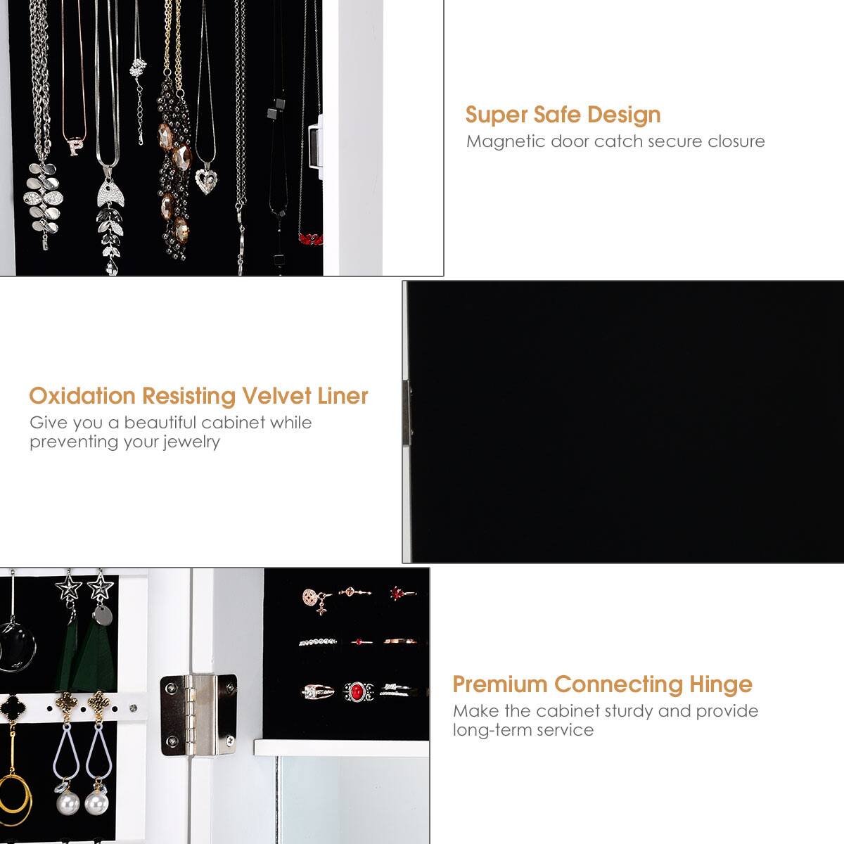 The text on the image can be grouped and corrected as follows:

1. Super Safe Design: Magnetic door catch secure closure
2. Oxidation Resisting Velvet Liner: Give you a beautiful cabinet while preventing your jewelry from tarnishing
3. Premium Connecting Hinge: Make the cabinet sturdy and provide long-term service

These three sentences describe the benefits of the products being showcased in the image, which include a magnetic door catch, a velvet liner, and a premium connecting hinge.