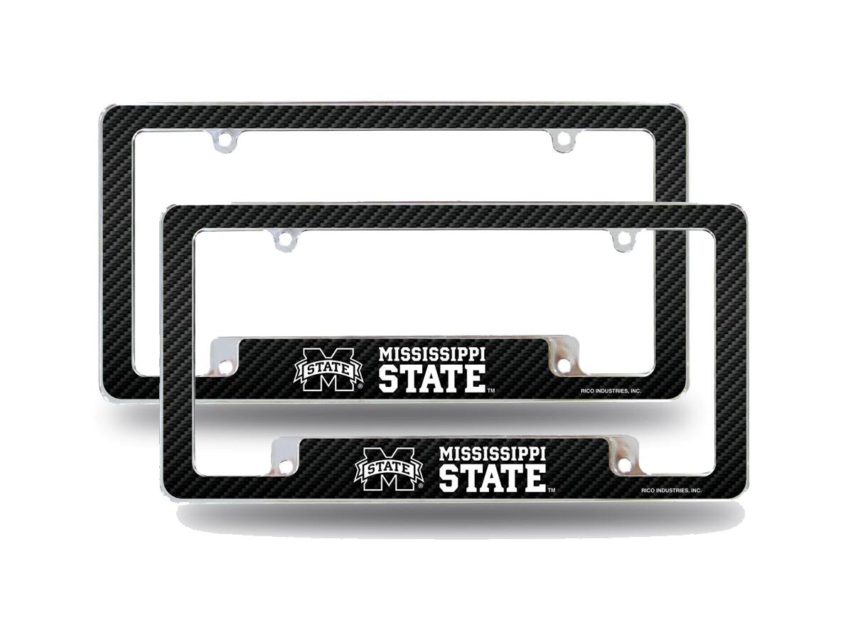 Mississippi State Bulldogs (Set of 2) Chrome Metal License Plate Frames with Carbon Fiber Design