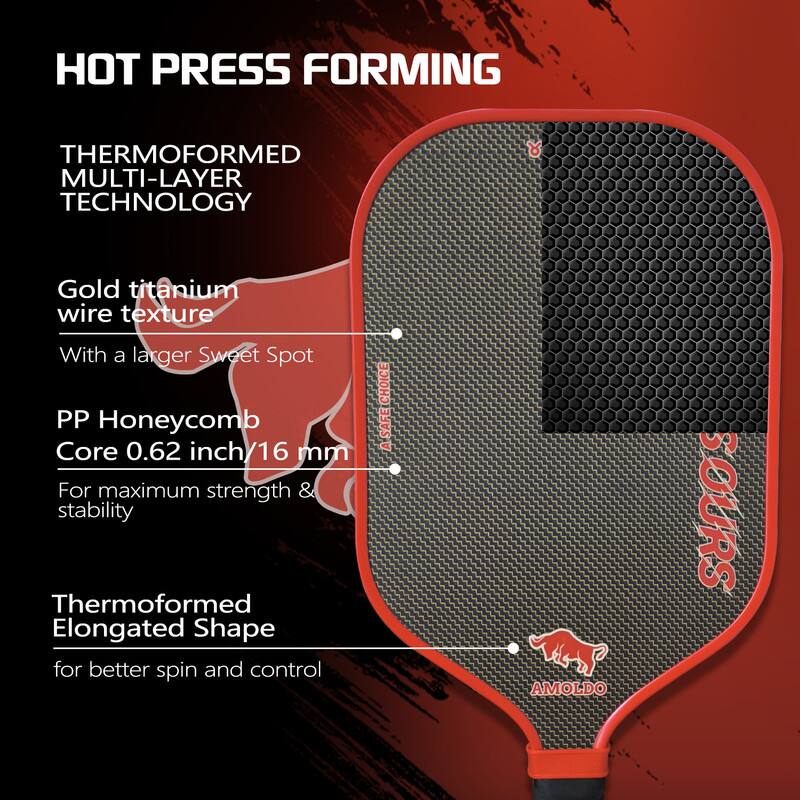 HOT PRESS FORMING

THERMOFORMED MULTI-LAYER TECHNOLOGY

Gold titanium wire texture  
With a larger Sweet Spot

PP Honeycomb Core 0.62 inch/16 mm  
For maximum strength & stability

Thermoformed Elongated Shape  
for better spin and control

CHOICE SAFE P AMOLDO SOURS