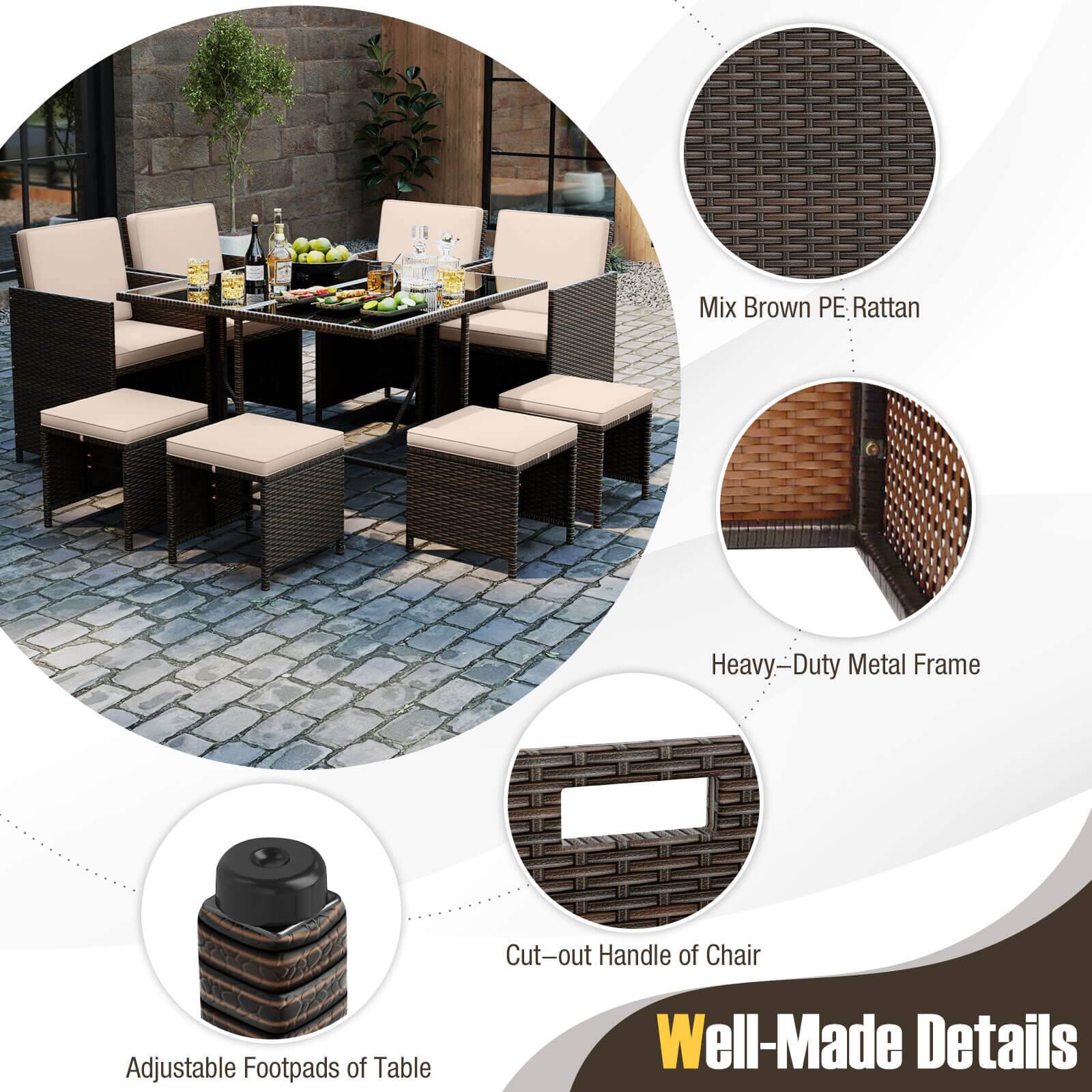 Mix Brown PE Rattan, Heavy-Duty Metal Frame, Cut-out Handle of Chair, Adjustable Footpads of Table, Well-Made Details