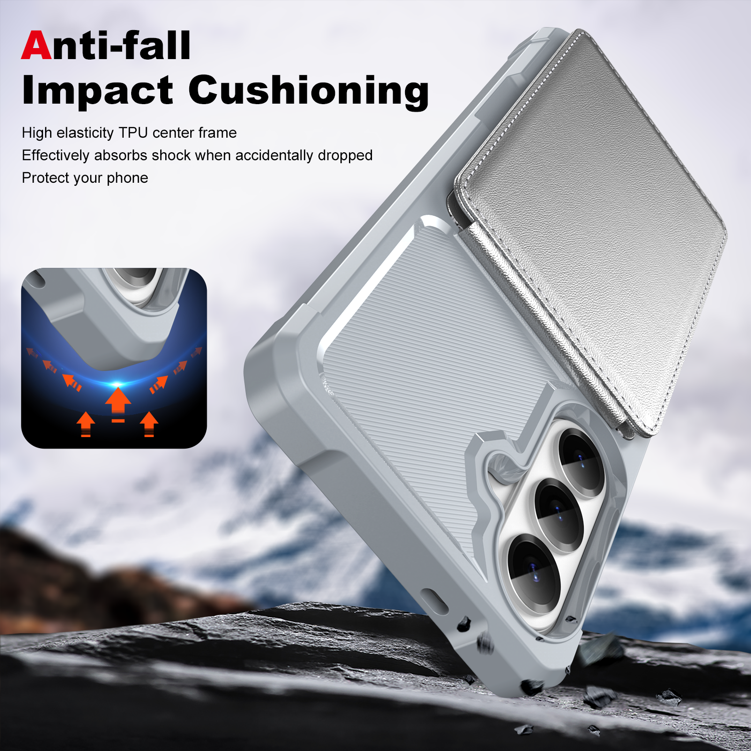 Anti-fall Impact Cushioning

High elasticity TPU center frame  
Effectively absorbs shock when accidentally dropped  
Protect your phone