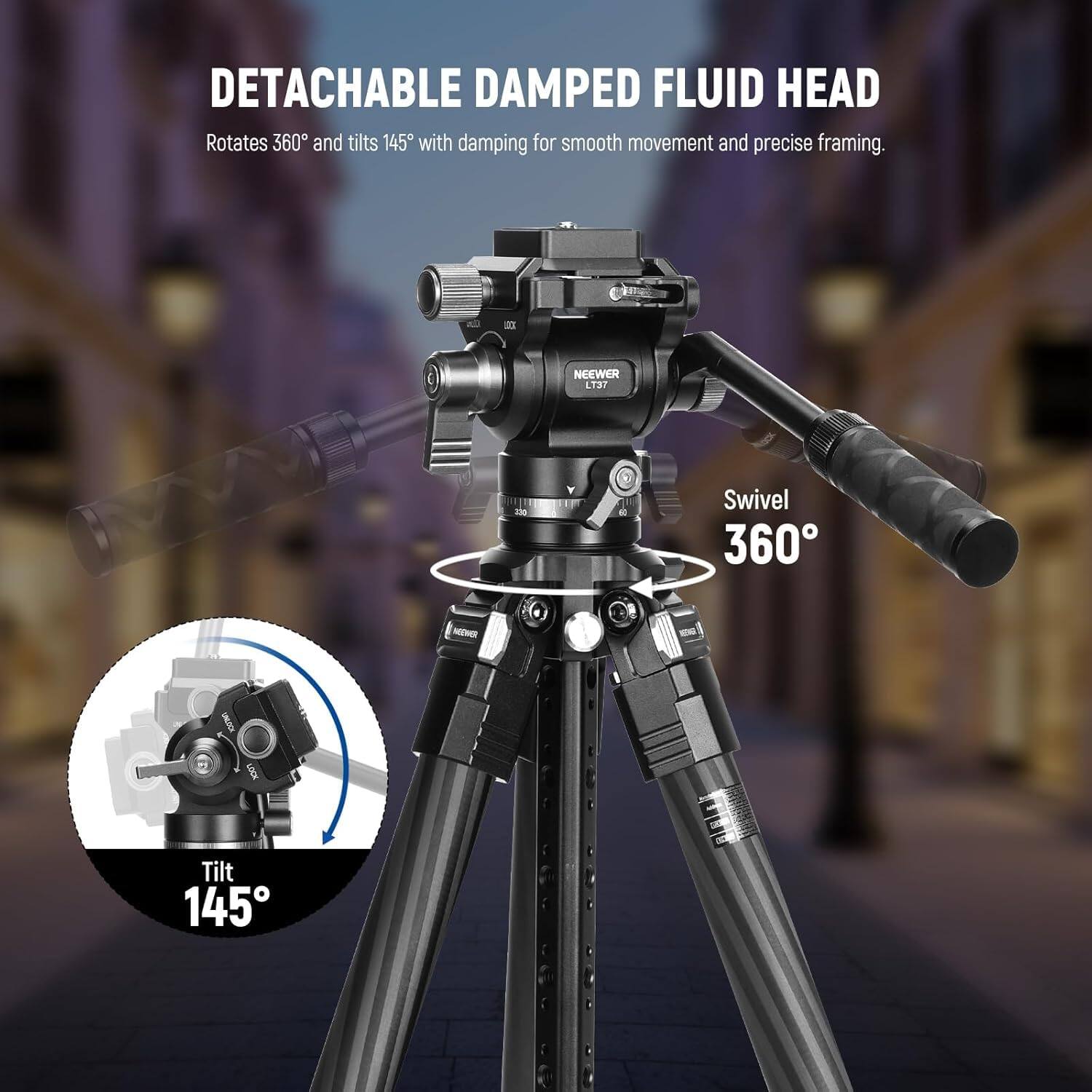 DETACHABLE DAMPED FLUID HEAD  
Rotates 360° and tilts 145° with damping for smooth movement and precise framing.  

- NEEWER 4 L137  
Swivel 360°  
Tilt 145°