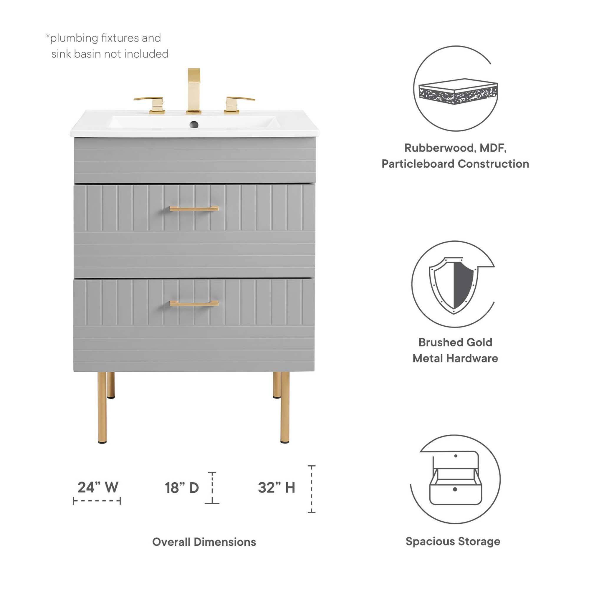 *plumbing fixtures and sink basin not included

Rubberwood, MDF, Particleboard Construction

Brushed Gold Metal Hardware

24" W x 18" D x 32" H Overall Dimensions

Spacious Storage