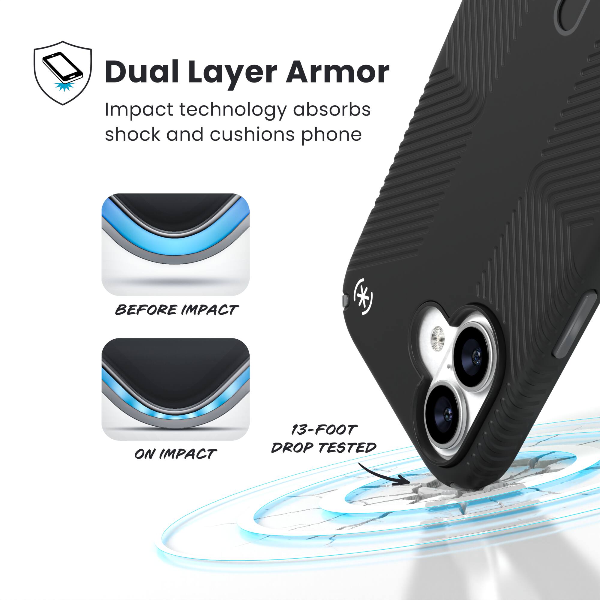 Dual Layer Armor  
Impact technology absorbs shock and cushions phone  

BEFORE IMPACT  
ON IMPACT  

13-FOOT DROP TESTED