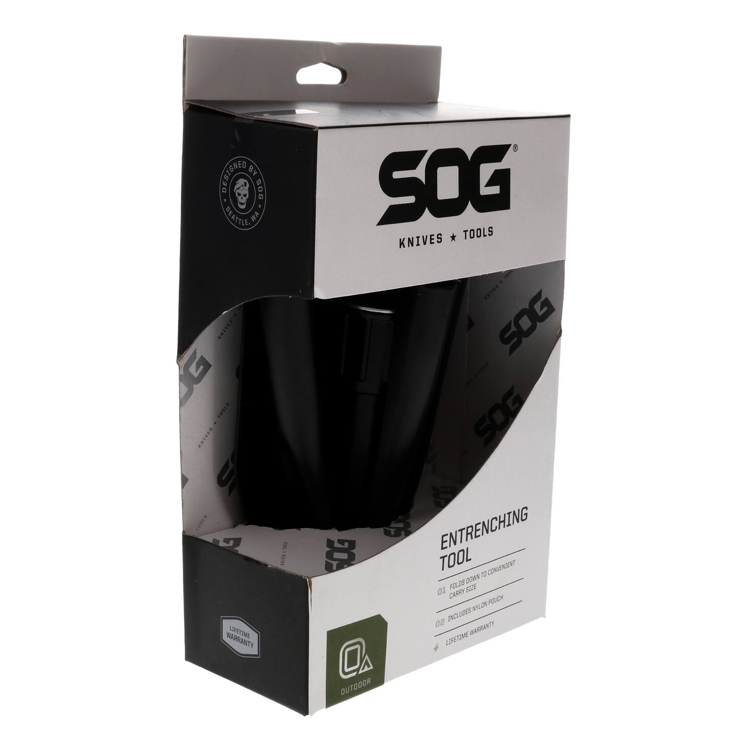 DESIGNED BY BATTLE WORN  
SOG  
KNIVES * TOOLS  
ENTRENCHING TOOL  
FOLDS DOWN TO CONVENIENT CARRY SIZE  
INCLUDES NYLON POUCH  
LIFETIME WARRANTY