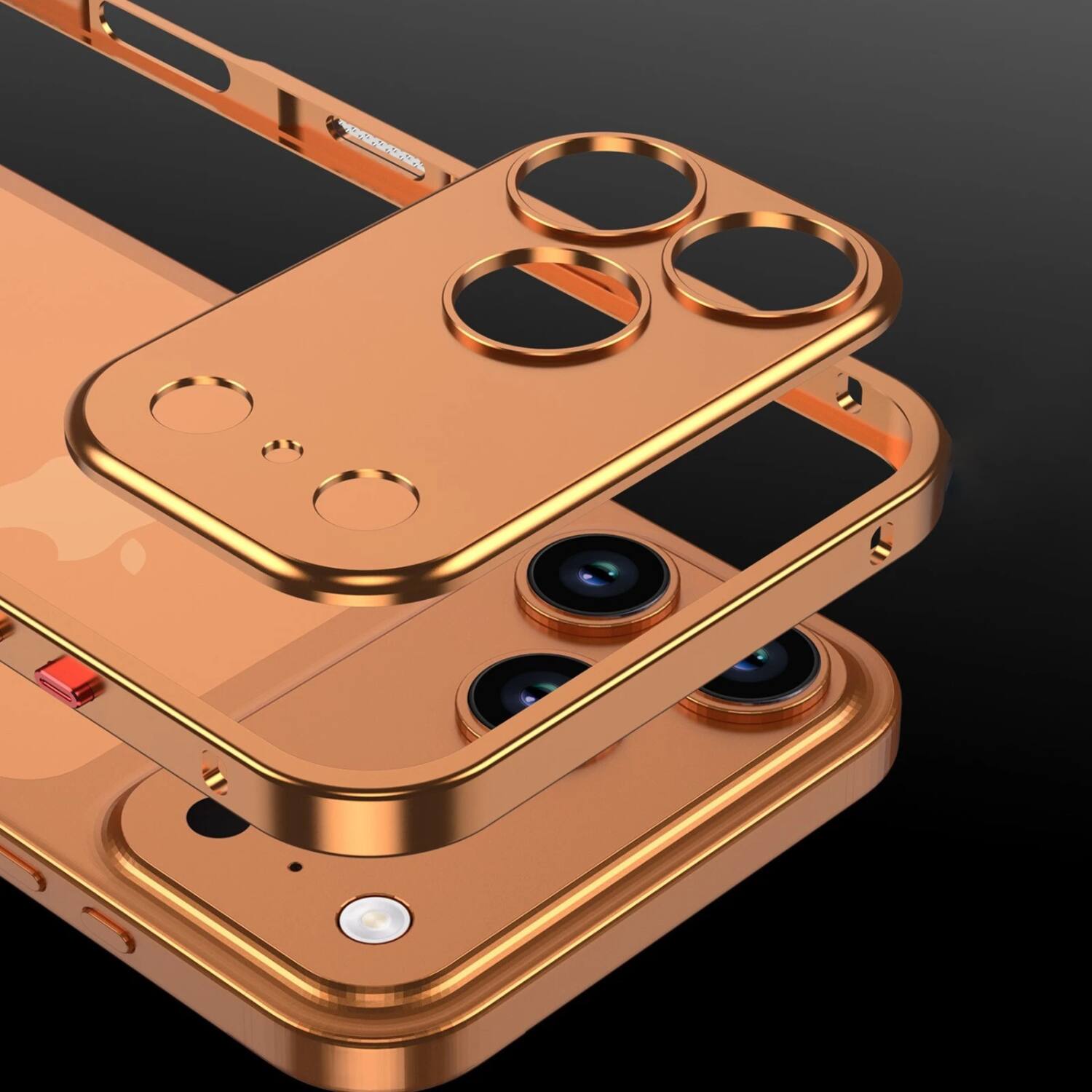 Left. Stock Preferred - iPhone 17 Slim Metal Frame Bumper Case with Built-in Camera Lens Cover - Gold.