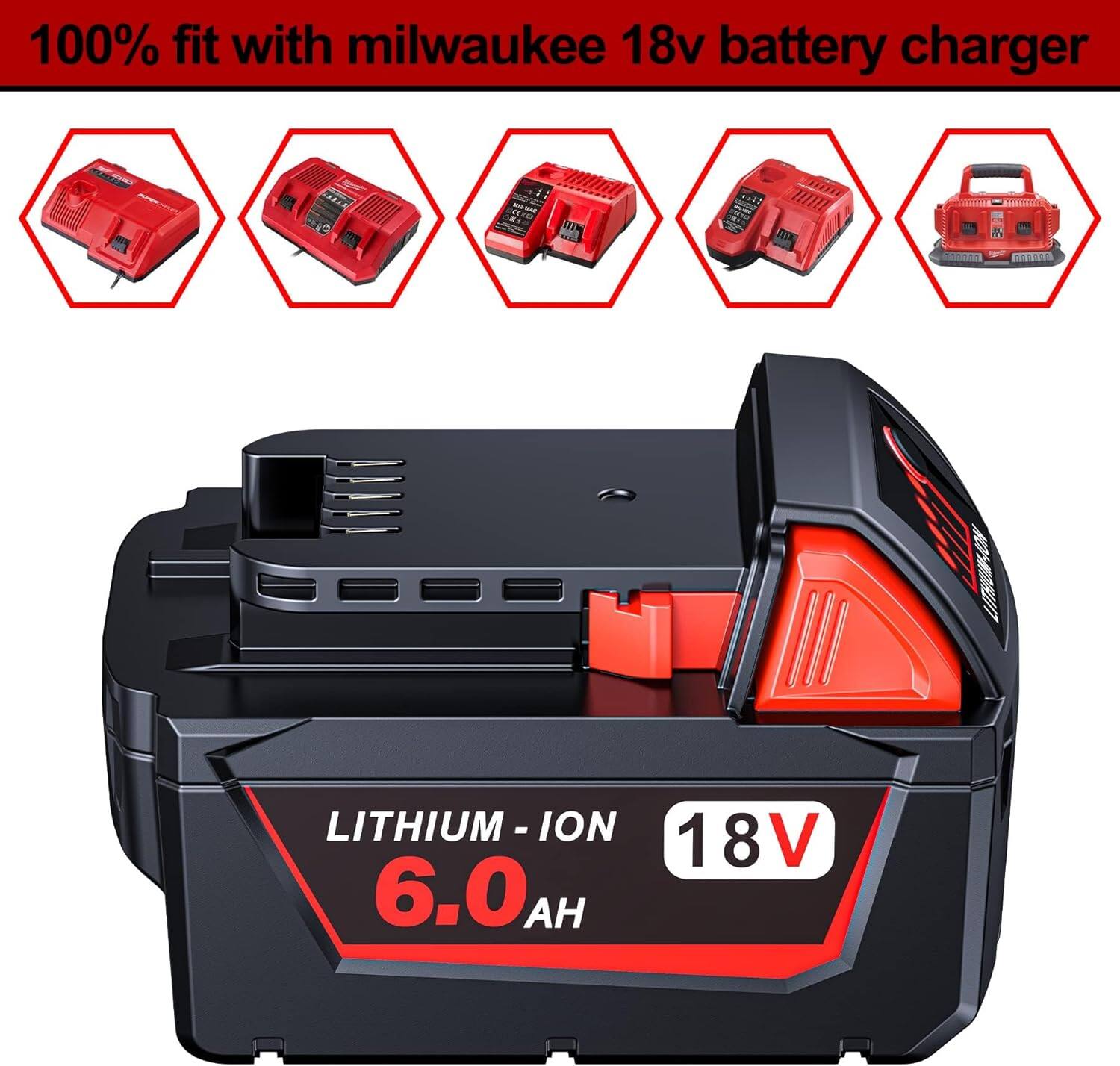 100% fit with Milwaukee 18v battery charger

LITHIUM - ION
18V
6.0 AH