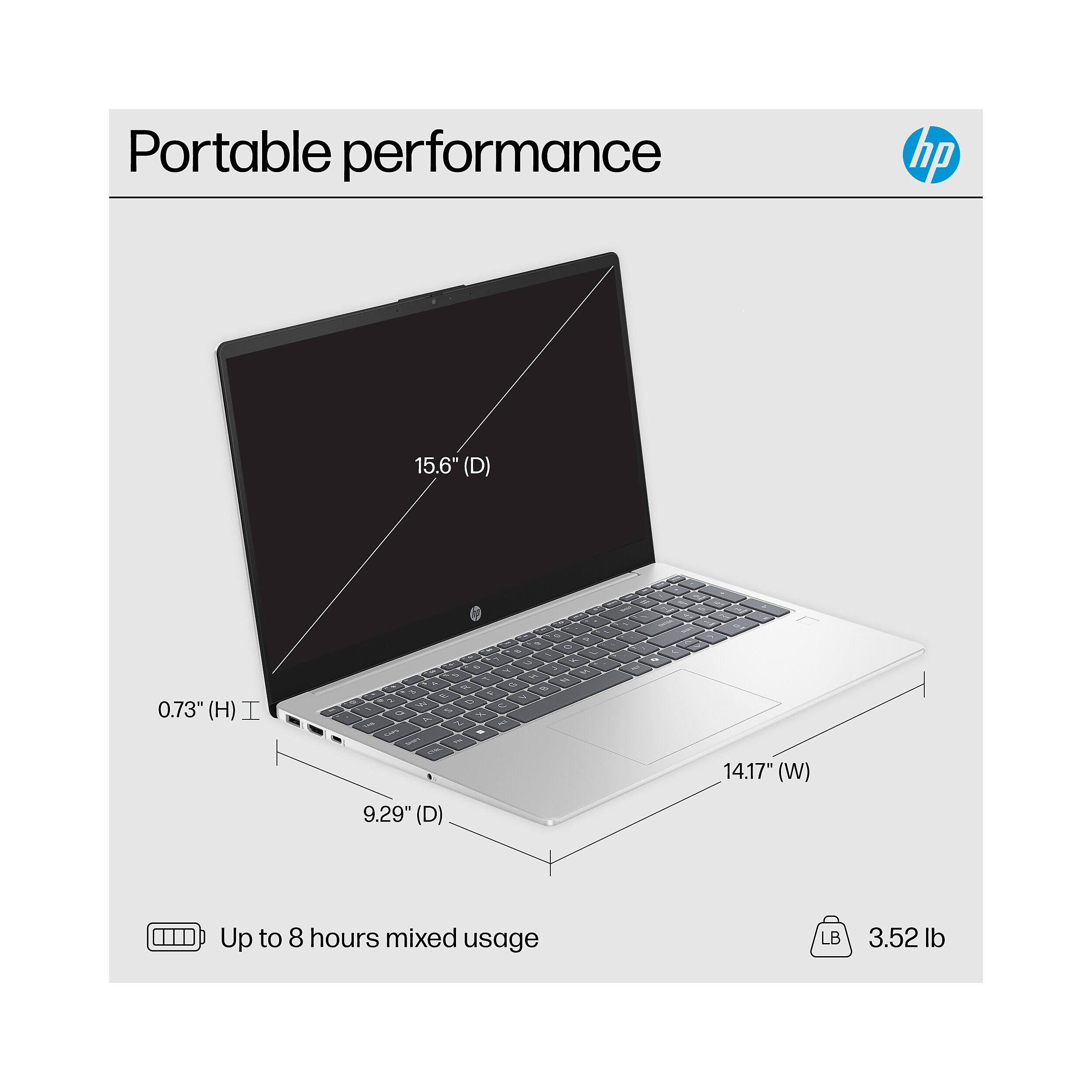 Portable performance

hp

15.6" (D)

0.73" (H)

14.17" (W)

9.29" (D)

Up to 8 hours mixed usage

3.52 lb