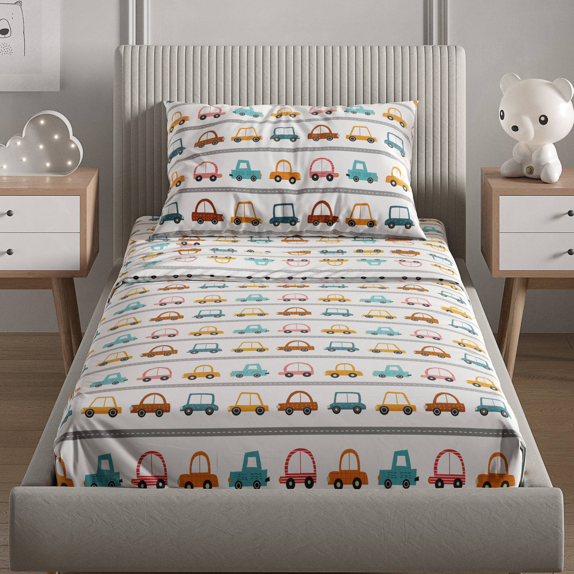 Back. CGK Linens - Kids 4 Piece Bed Sheet Set - Cute & Cozy Wrinkle-Resistant with Vibrant Designs - Queen - Cars.