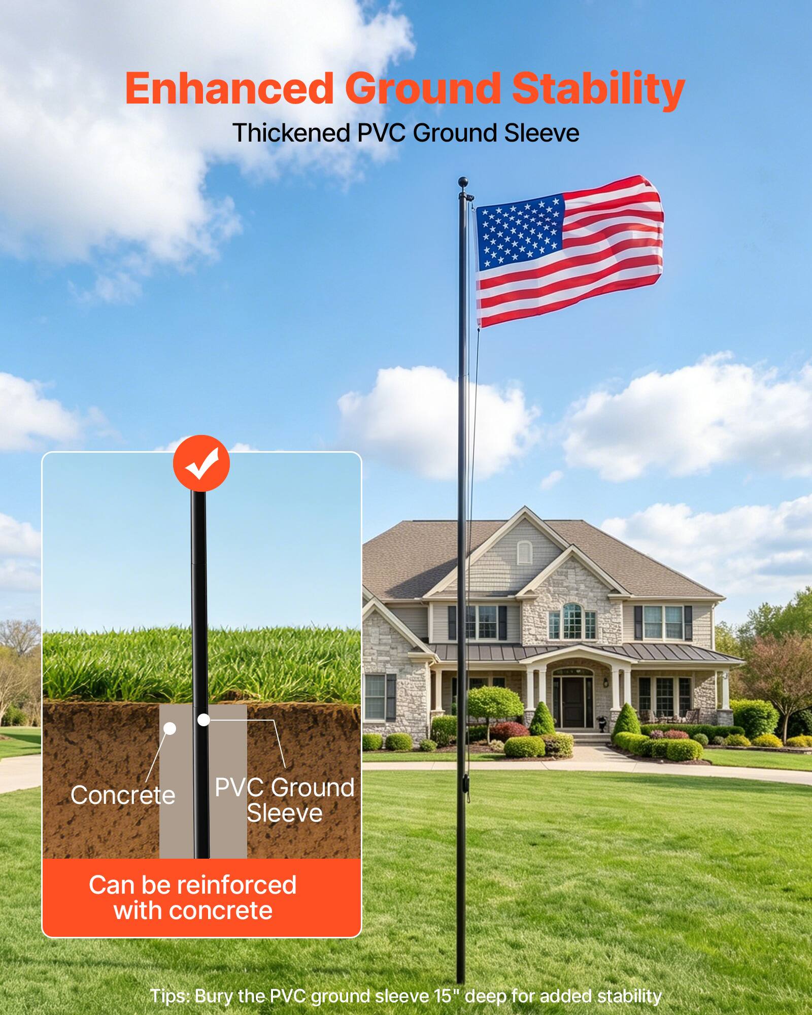 Enhanced Ground Stability  
Thickened PVC Ground Sleeve  
Concrete PVC Ground Sleeve  
Can be reinforced with concrete  
Tips: Bury the PVC ground sleeve 15" deep for added stability