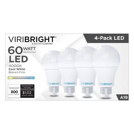 VIRIBRIGHT - A19 LED Bulb, E26, Screw Base, Economy, 8.5W, 60W Equivalent, Non-Dimmable, (4 Pack) - Cool White 4000K