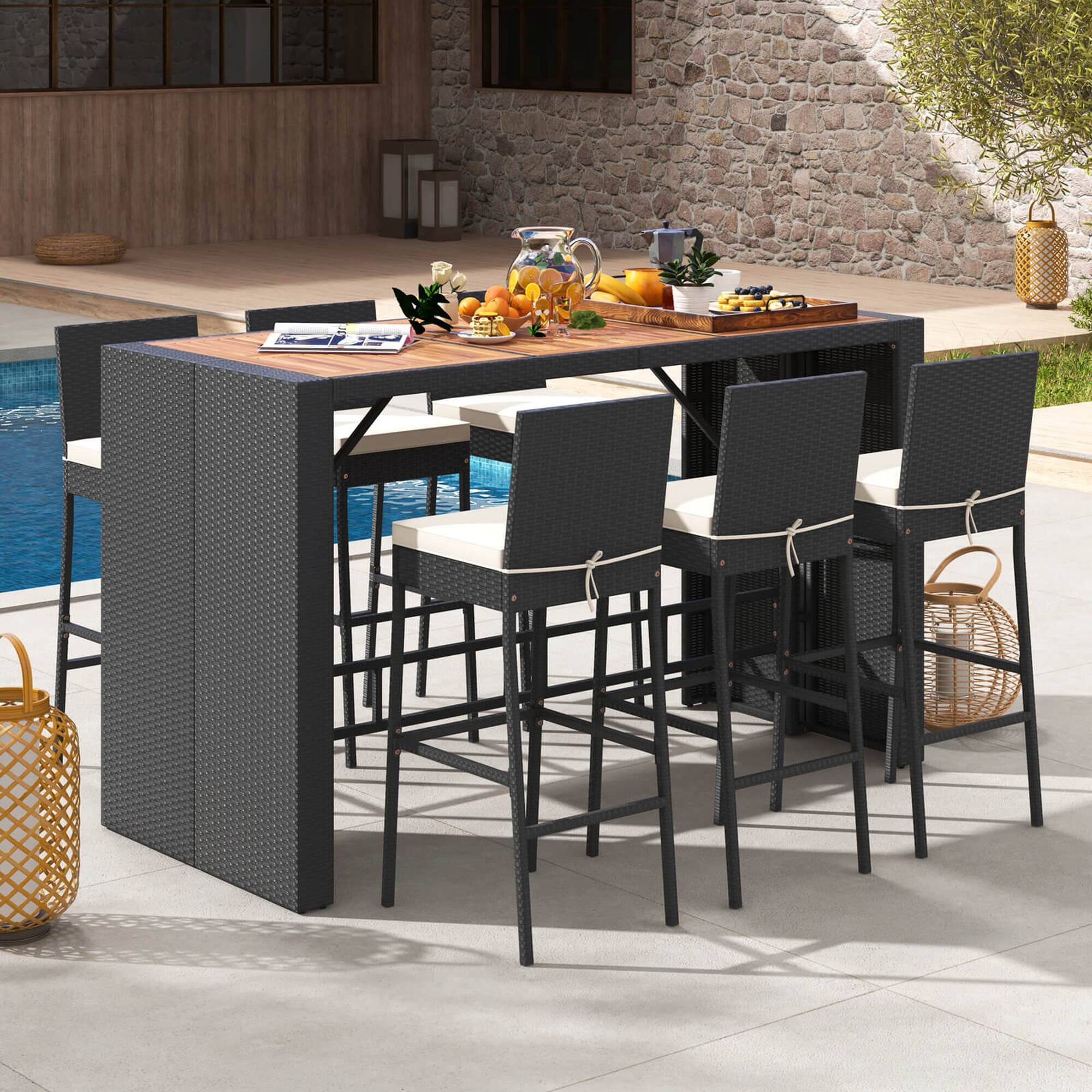 Angle. Costway - 7 Pieces Patio Bar Set with Acacia Wood Tabletop & Removable Cushions Outdoor - Black,Off White.