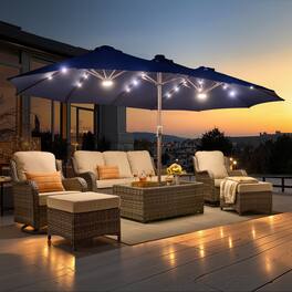 Ovios - 15ft Large Patio Umbrella with Base Outdoor Rectangle Umbrella with Solar LED Lights - Blue