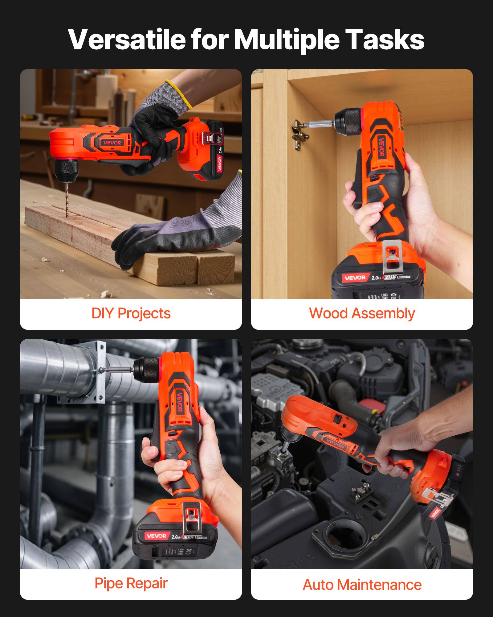 VEVOR Right Angle Drill,3/8Inch Chuck,90 Degree Cordless Right