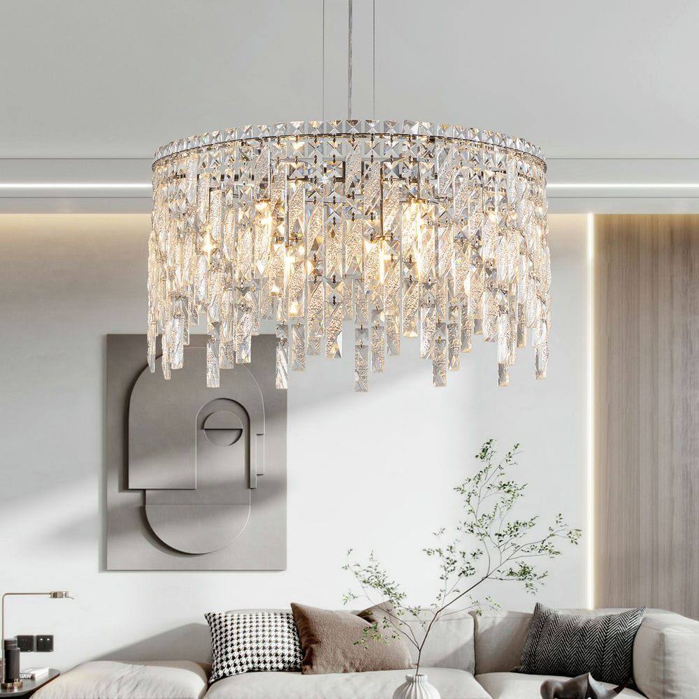 Back. Kadyn - 24" Luxurious Round Silver Crystal Chandelier, Contemporary Rectangular Pendant Light for Dining Room, Chrome - Silver.