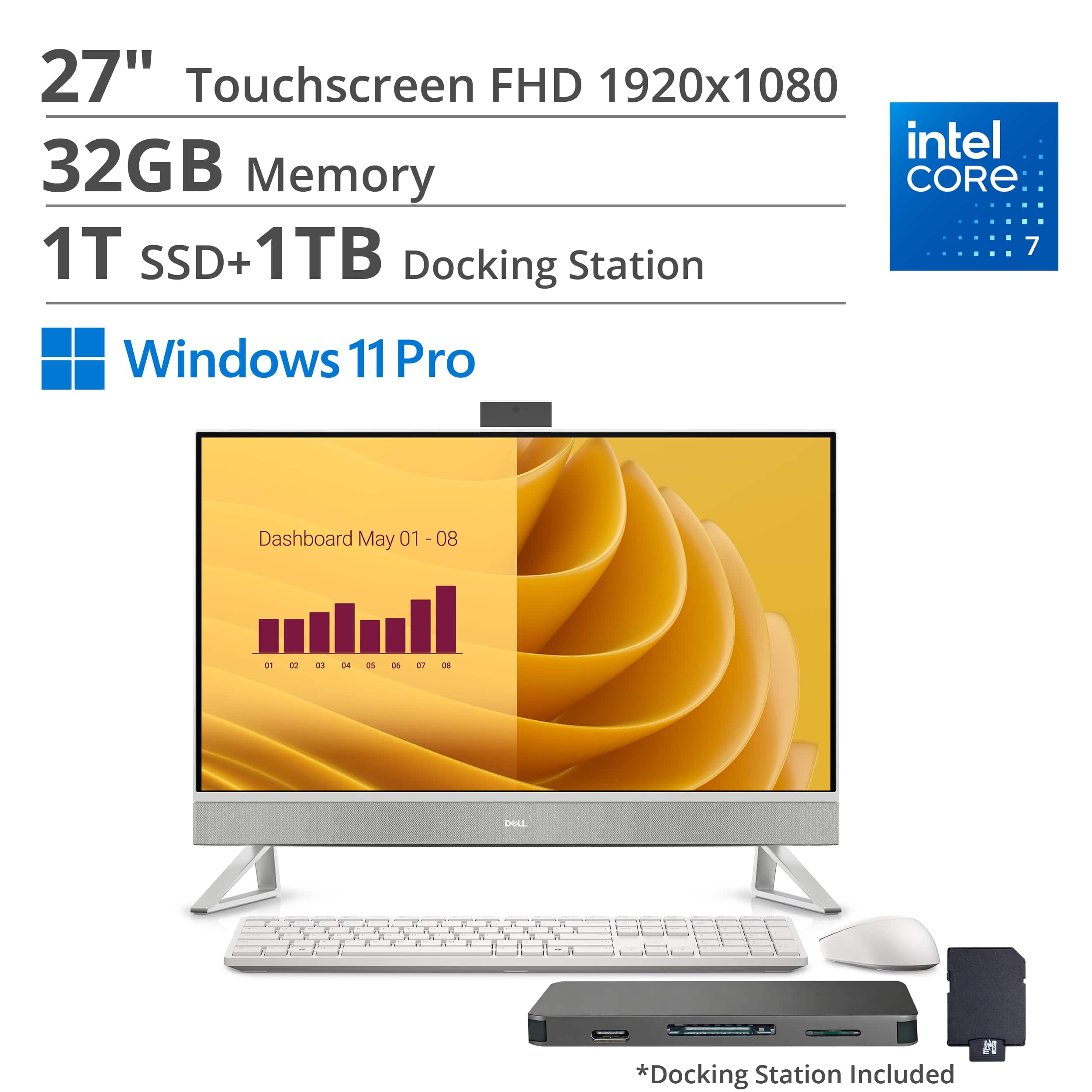 Dell - 27 All-in-One (Core 7 150U, 32GB, 1TB PCIe SSD, 27 Touch FHD (1920x1080), GeForce MX570 A, Win 11 Pro) - White
