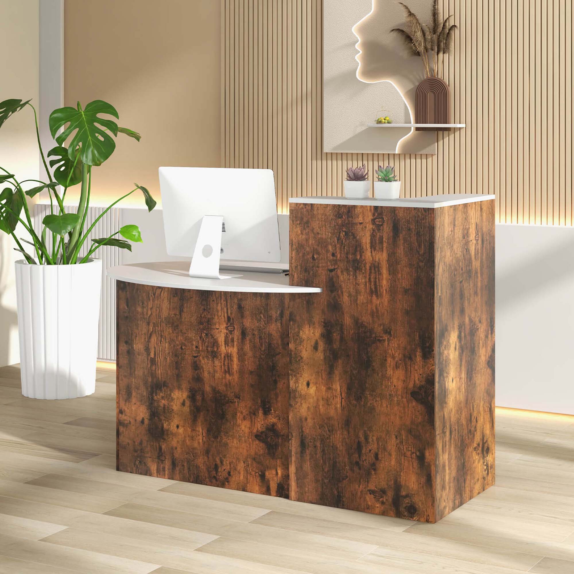 Back. Costway - Costway Reception Desk with Lockable Drawer & Adjustable Shelf Oval Tabletop for Store White - White & Rustic Brown.