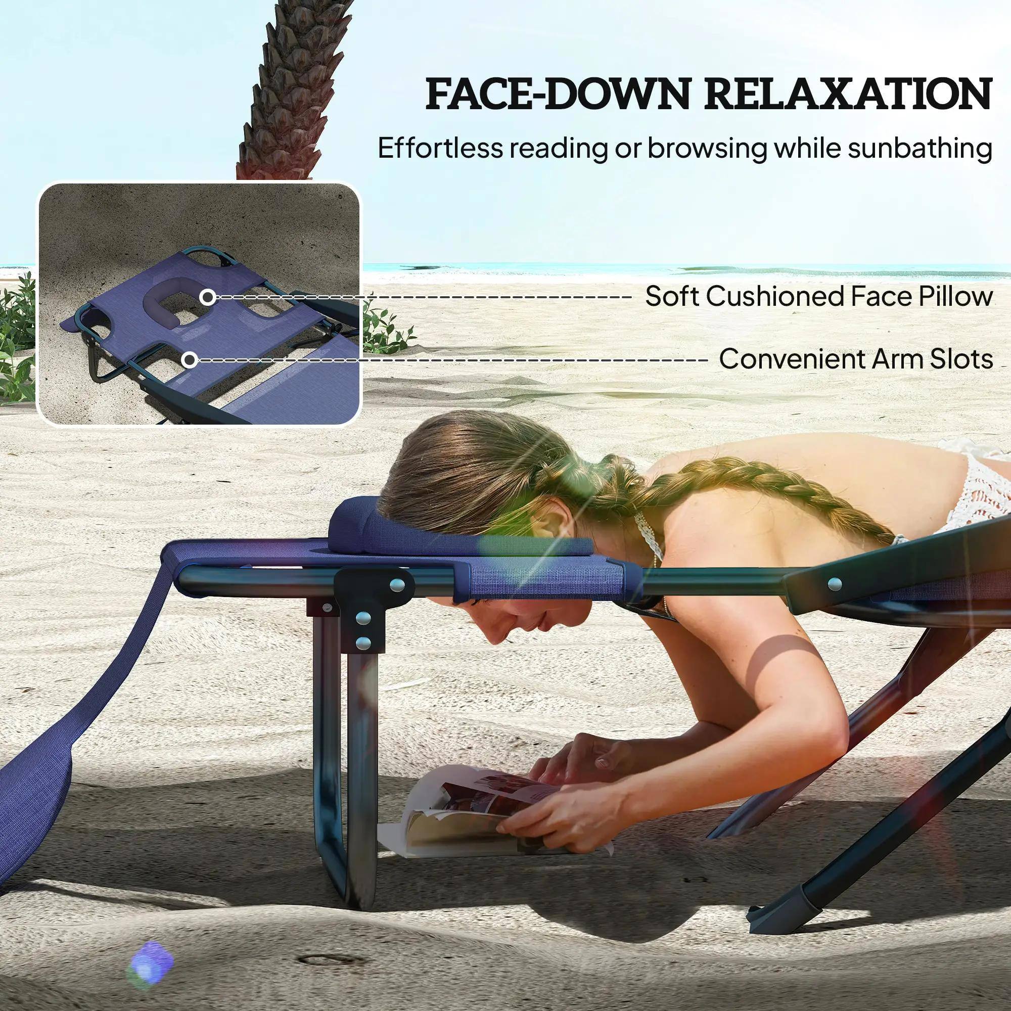 FACE-DOWN RELAXATION  
Effortless reading or browsing while sunbathing  

- Soft Cushioned Face Pillow  
- Convenient Arm Slots