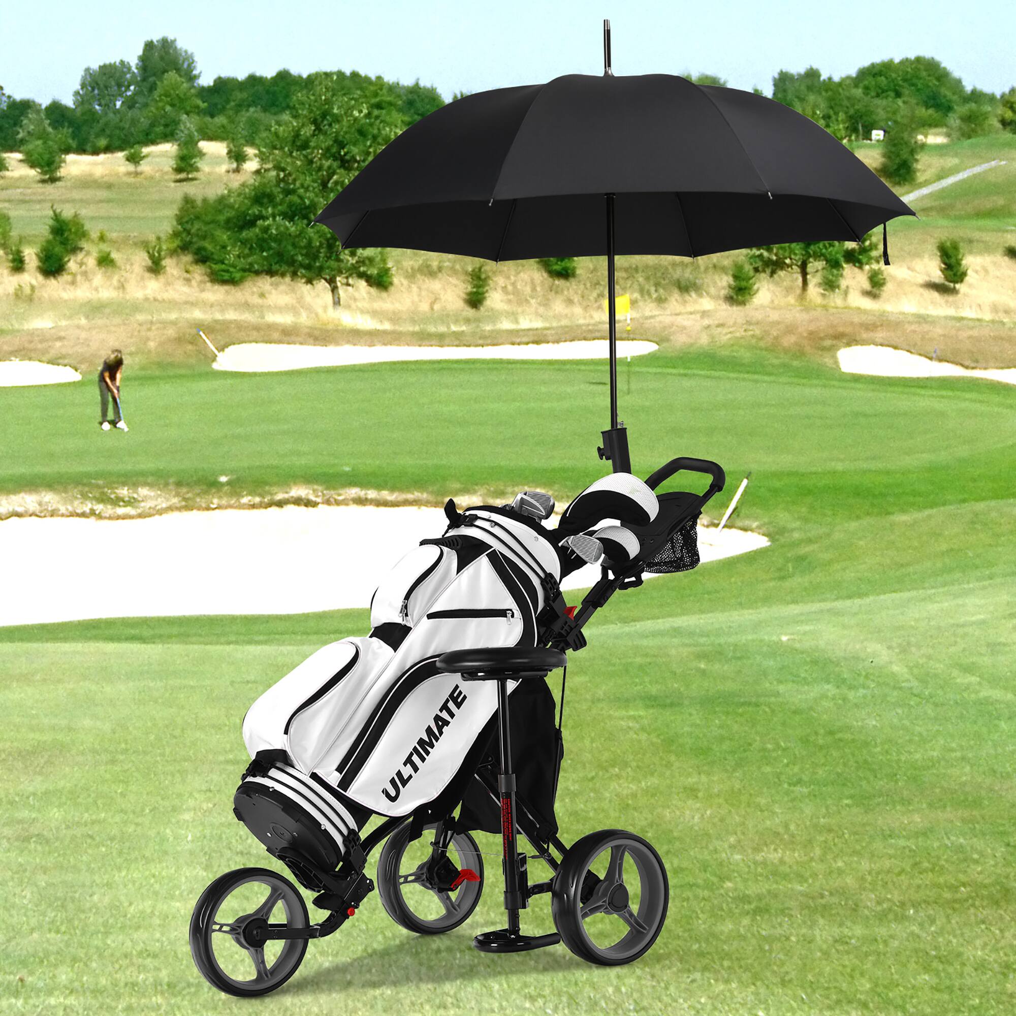 Alt View 3. Costway - Costway Folding 3 Wheels Golf Push Cart W/Seat Scoreboard Adjustable Handle - Grey.