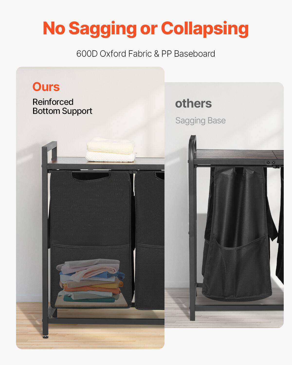 No Sagging or Collapsing

600D Oxford Fabric & PP Baseboard

Ours
Reinforced Bottom Support

others
Sagging Base