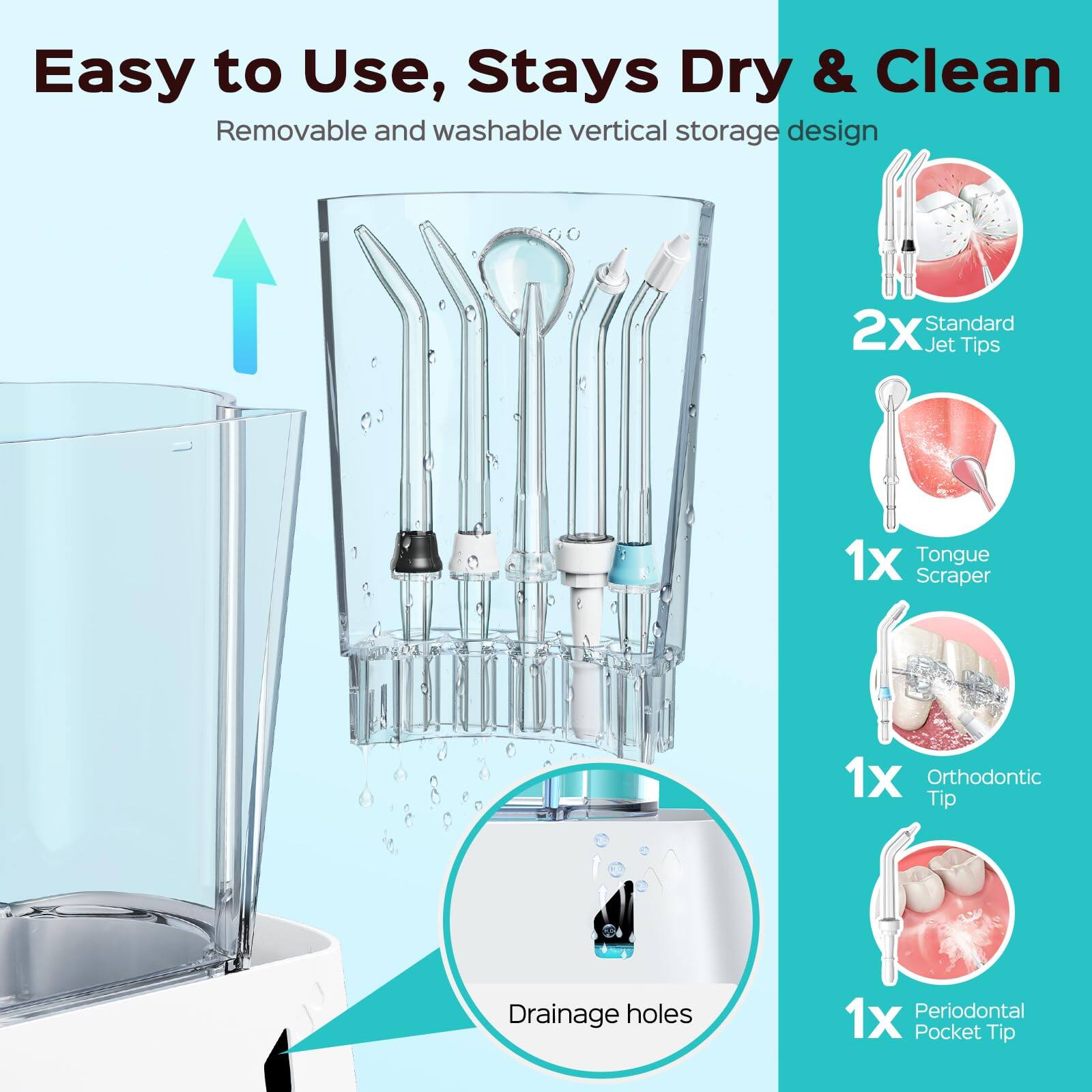 Easy to Use, Stays Dry & Clean  
Removable and washable vertical storage design  

- 2x Standard Jet Tips  
- 1x Tongue Scraper  
- 1x Orthodontic Tip  
- 1x Periodontal Pocket Tip  

Drainage holes