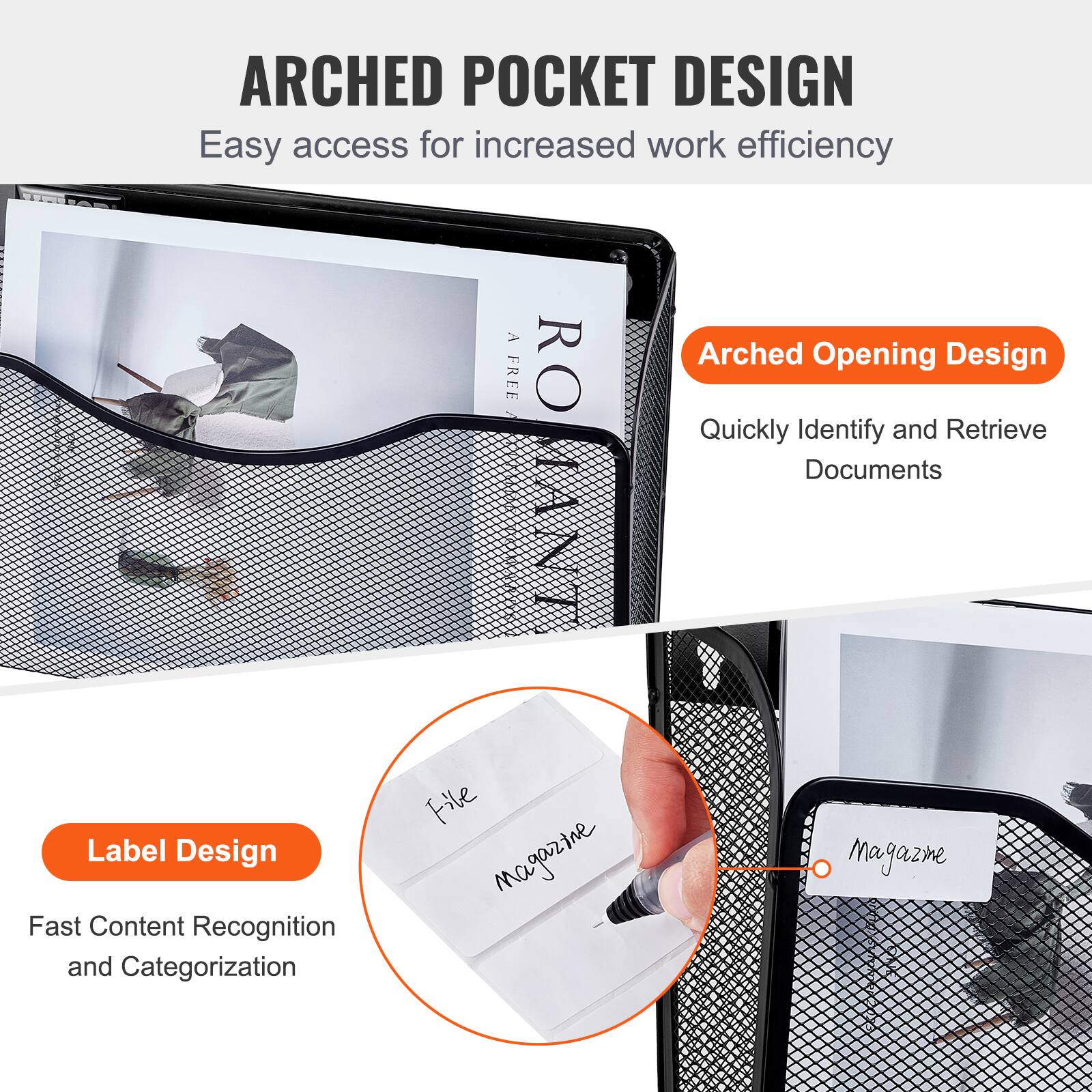 **ARCHED POCKET DESIGN**  
Easy access for increased work efficiency  

**Arched Opening Design**  
Quickly Identify and Retrieve Documents  

**Label Design**  
Fast Content Recognition and Categorization  

File  
Magazine  
Magazine