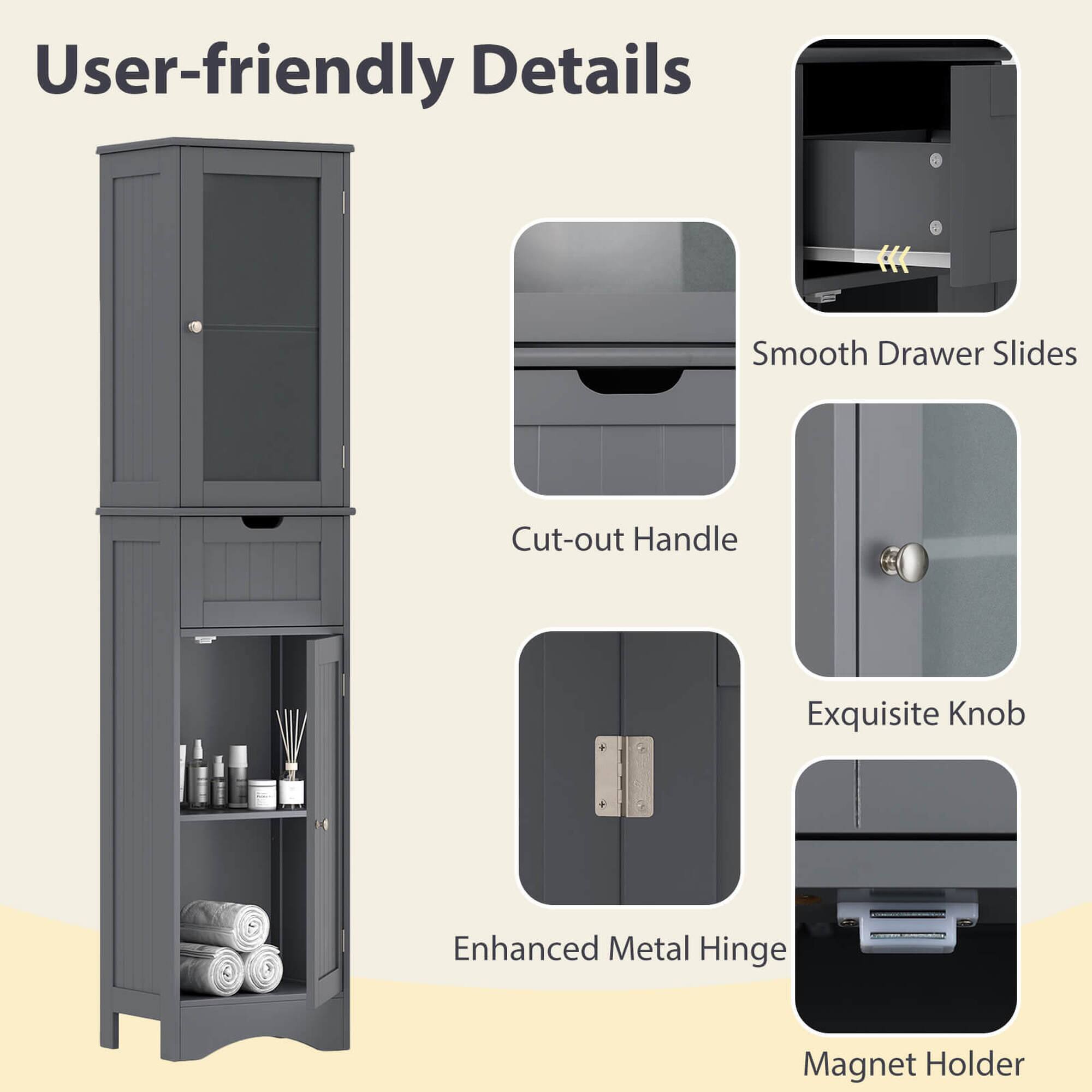 User-friendly Details - Smooth Drawer Slides, Cut-out Handle, Exquisite Knob, Enhanced Metal Hinge, Magnet Holder