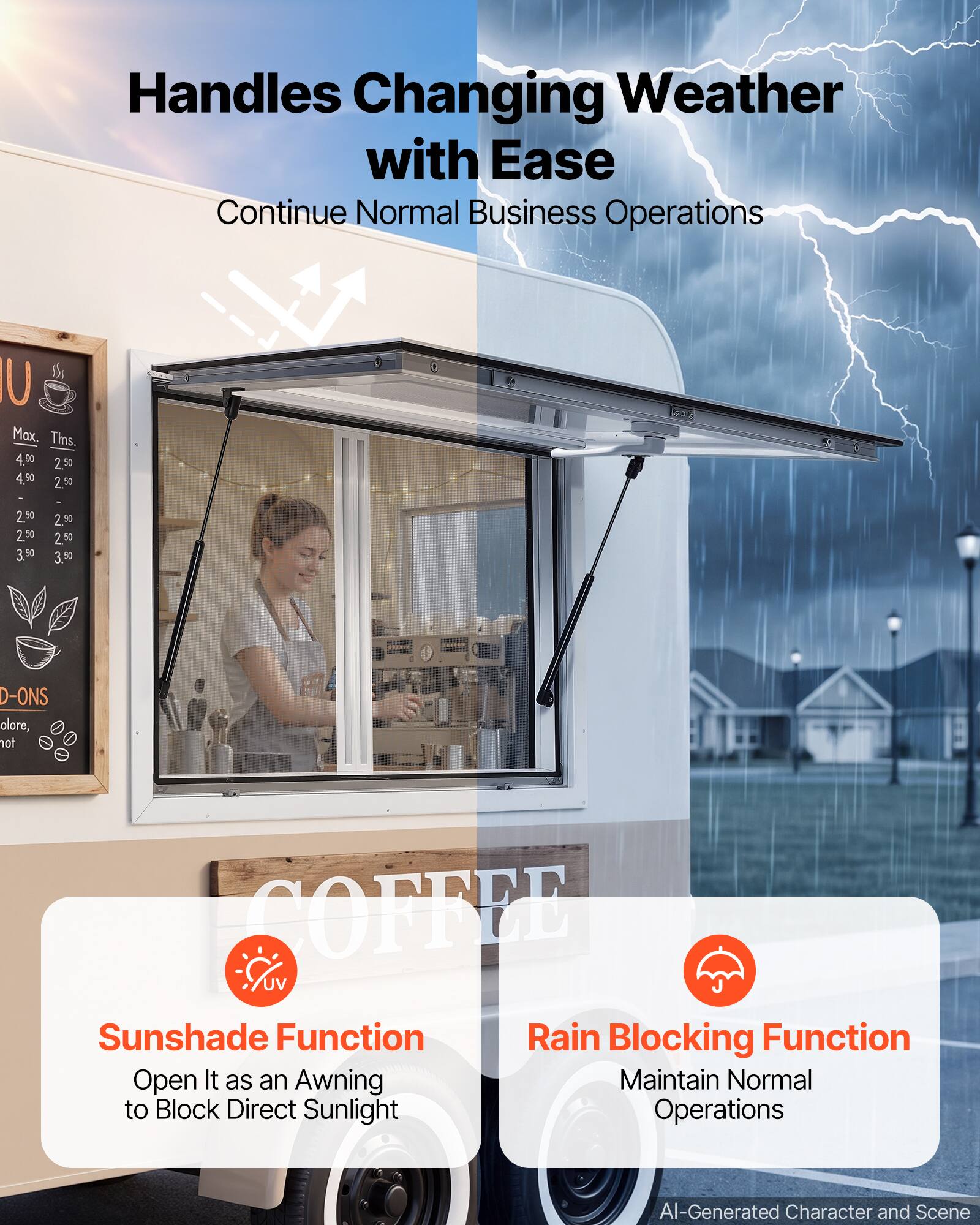 Handles Changing Weather with Ease  
Continue Normal Business Operations

UI Max. Ths.  
4.00 2.50 4.90 2.50  
2.50 2.50 3.90  
- 2.90 2.50 3.50

ESTIVA  
D-ONS

COFFEE  
UV Sunshade Function  
Rain Blocking Function  
Open It as an Awning  
Maintain Normal to Block Direct Sunlight Operations

AI-Generated Character and Scene