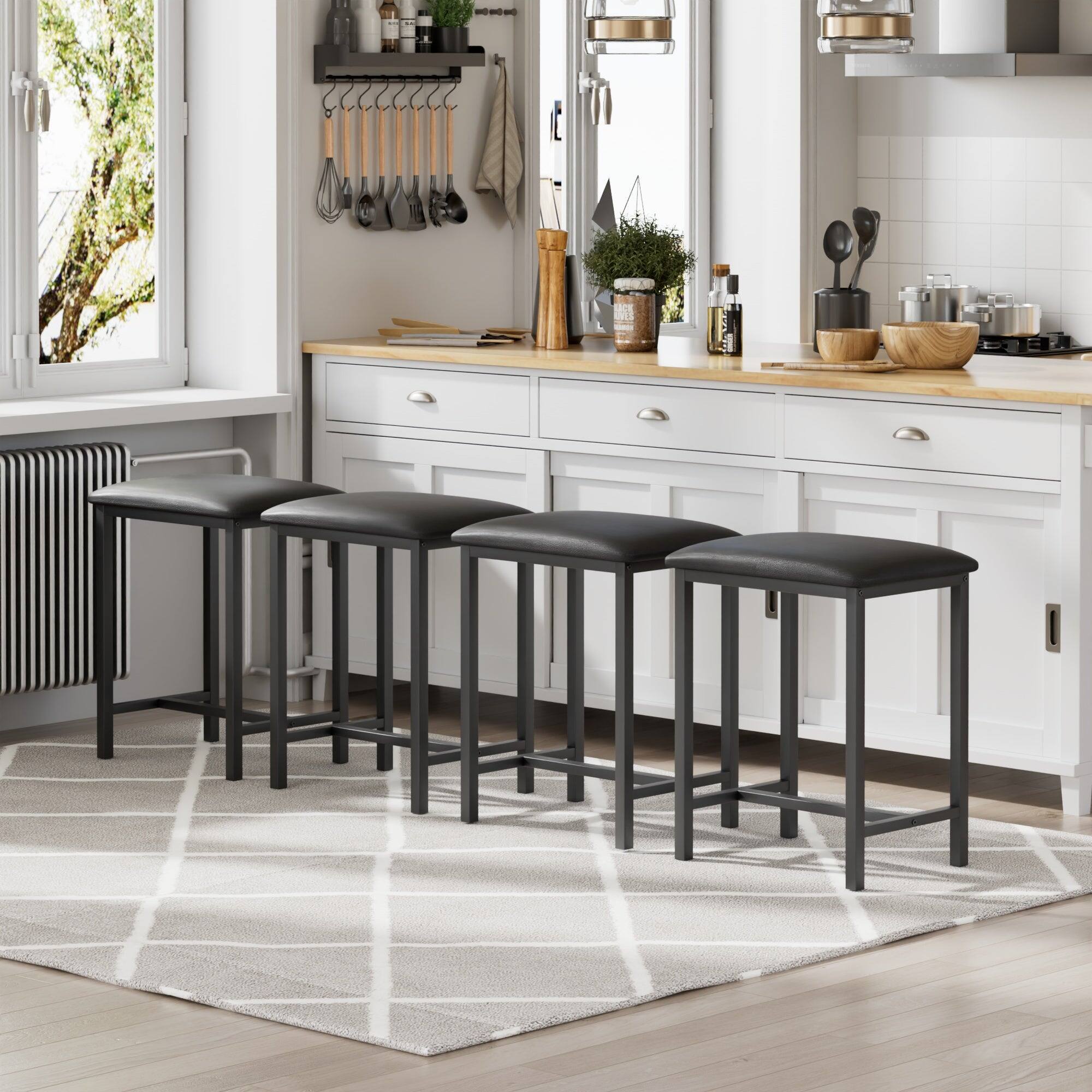 Alt View 2. Vecelo - Expandable Black Wood Dining Table Set with USB Ports, Space-Saving Kitchen Table for 4-6 People - Black Stool*6.