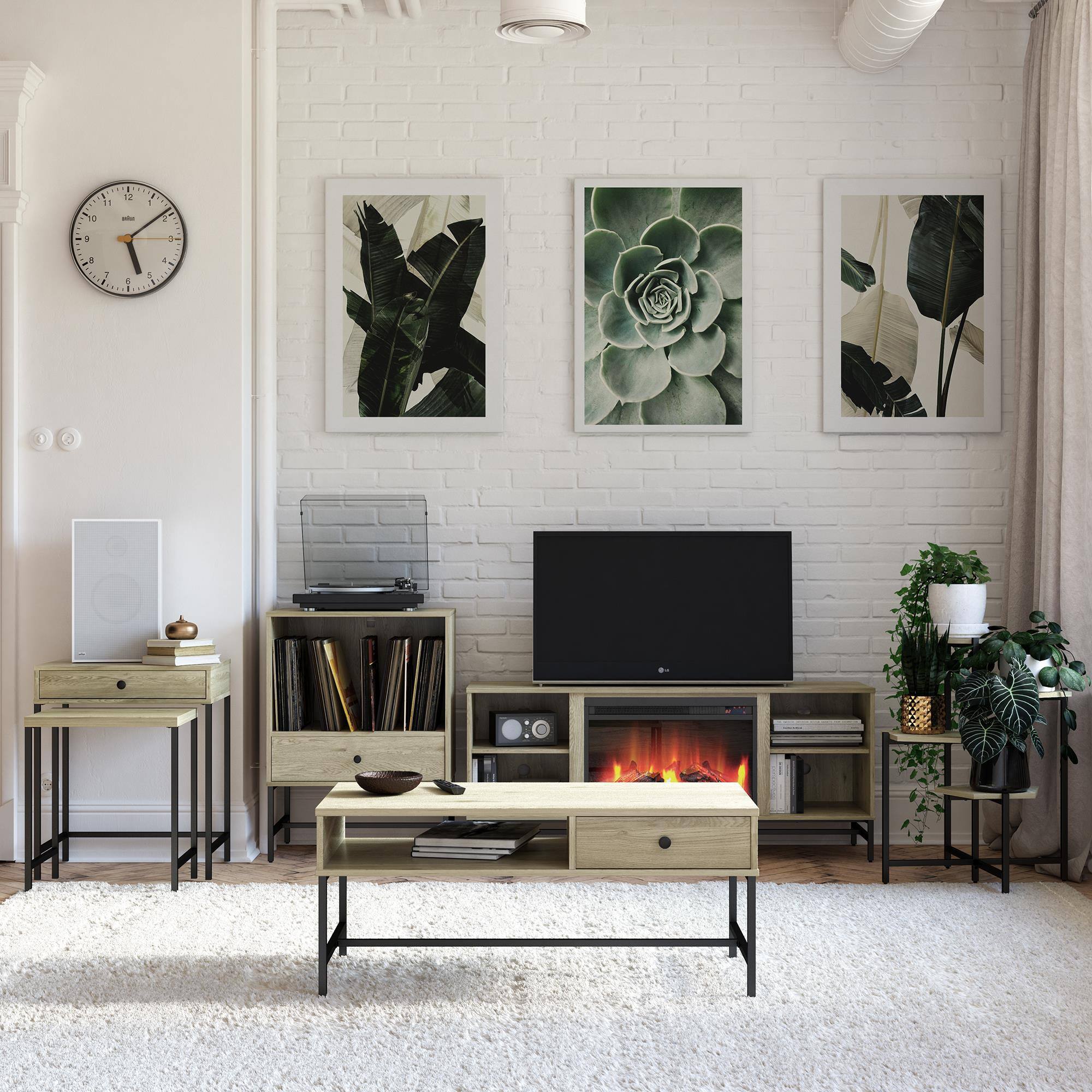 Front. Aukfa - Coffee Table - Engineered Wood & Metal Frame, Pass-Through Shelf & Drawer, 40"W x 19.7"D, Two-Toned Design - Beige.