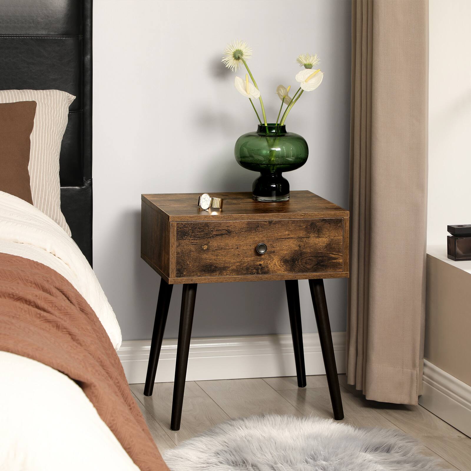 Left. Songmics Home - Nightstand, Sofa Side Table, End Table with a Drawer and Tapered Legs, Retro Style, for Bedroom - Rustic Brown.