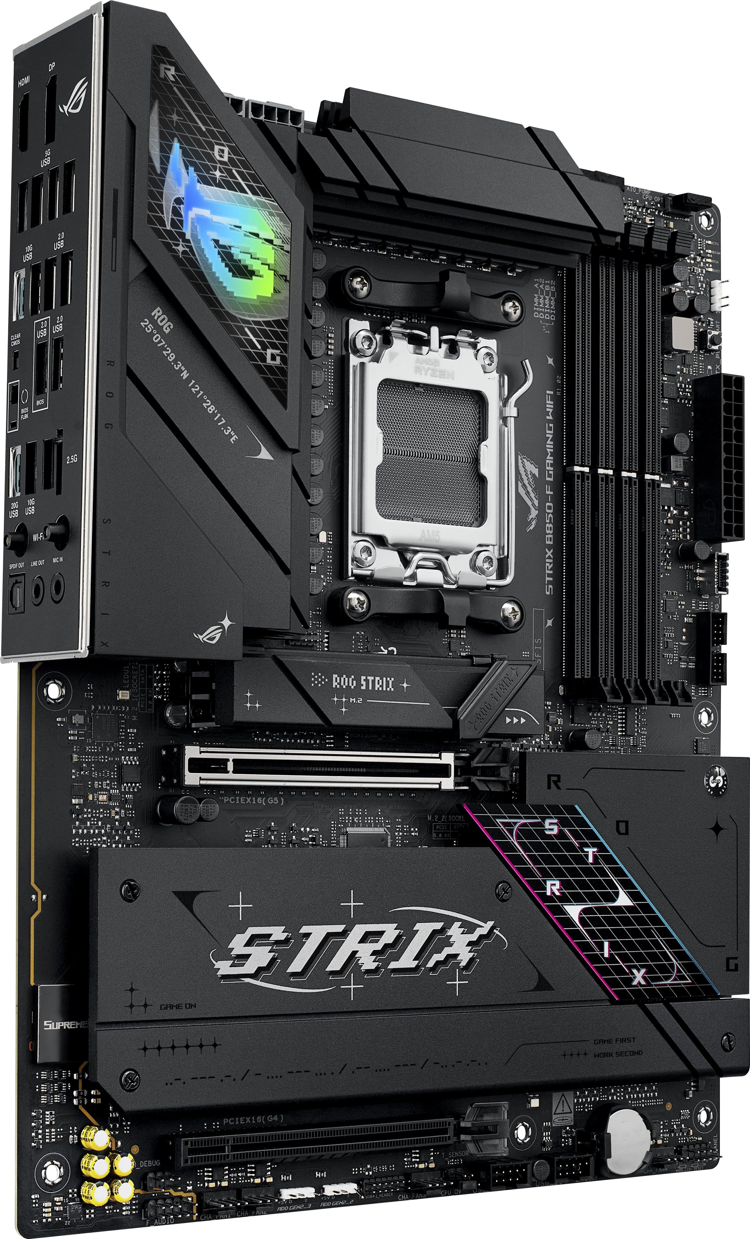The text on the image reads:
"STRIX X ROG STRIX B850-F STRIX ROG STRIX 11917 RLe 05 R 5 T R STRIX I X GHPIE FIRST ECOND PCIEX16(G4) G4 LDEBUG e N+".
Corrected text:
"STRIX X ROG STRIX B850-F STRIX ROG STRIX 11917 RLe 05 R 5 T R STRIX I X GHPIE FIRST ECOND PCIEX16(G4) G4 LDEBUG e N+".