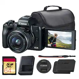 Canon - EOS M50 Mirrorless Camera with 15-45mm Lens (Black) + 64GB Card + Bag + Battery