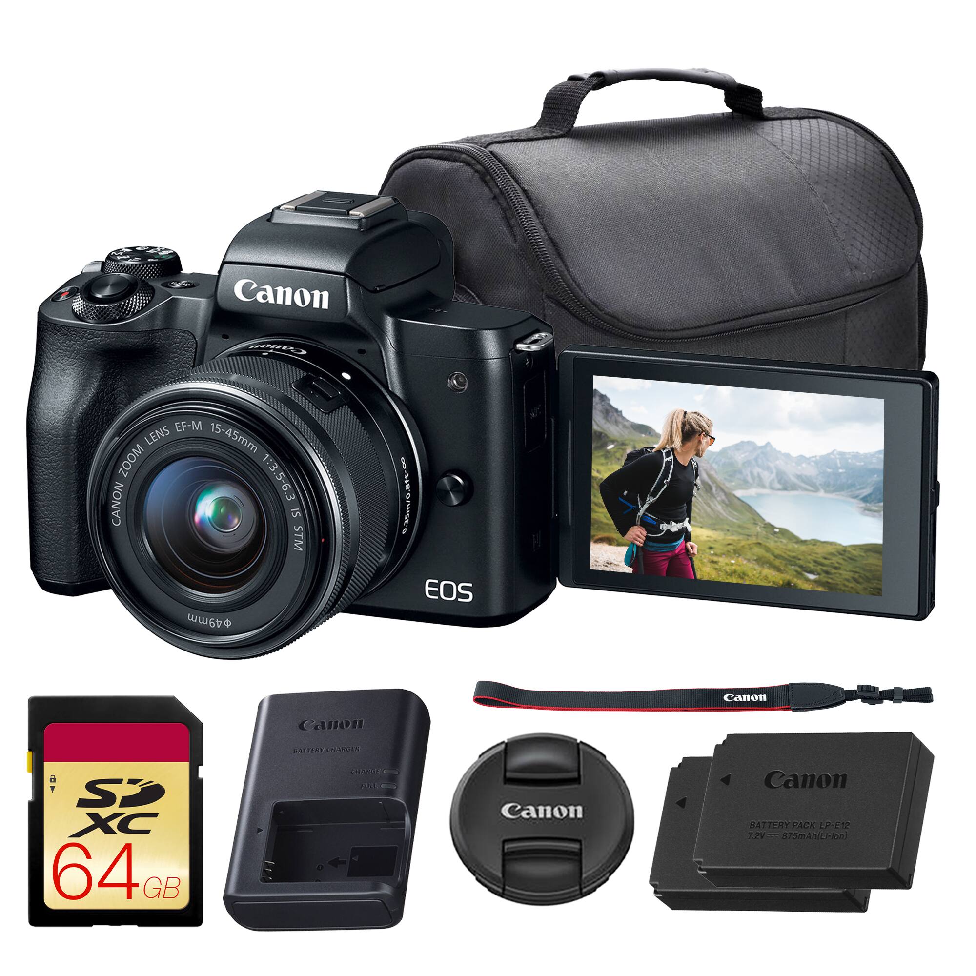 Canon EF-M Lens 15-45mm Zoom 1:3.5-6.3 IS STM  
Canon EOS  
Canon Battery ACK 1P-112 (575mAh)  
Canon SD XC 64 GB  
Canon Battery Charger  
Canon Lens Cap  
Canon Shoulder Strap