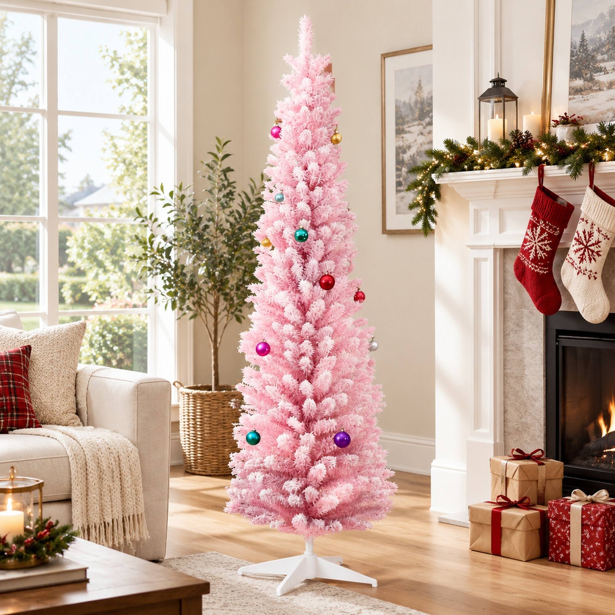 Back. RYHNUYNE - Snow Flocked Artificial Pencil Christmas Tree With Realistic Branches, Slim Hinged Narrow Holiday Home Decor - Pink.