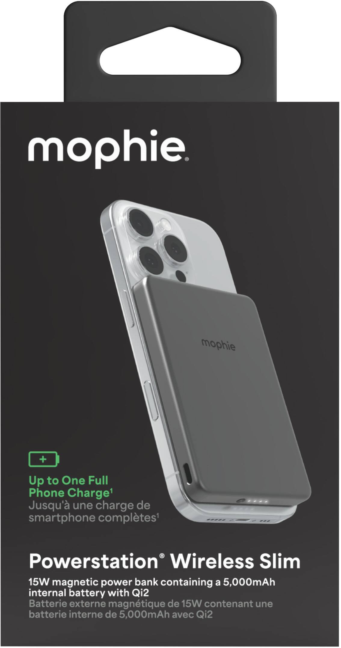 mophie

Up to One Full Phone Charge  
Jusqu'à une charge de smartphone complète

Powerstation® Wireless Slim  
15W magnetic power bank containing a 5,000mAh internal battery with Qi2  
Batterie externe magnétique de 15W contenant une batterie interne de 5,000mAh avec Qi2