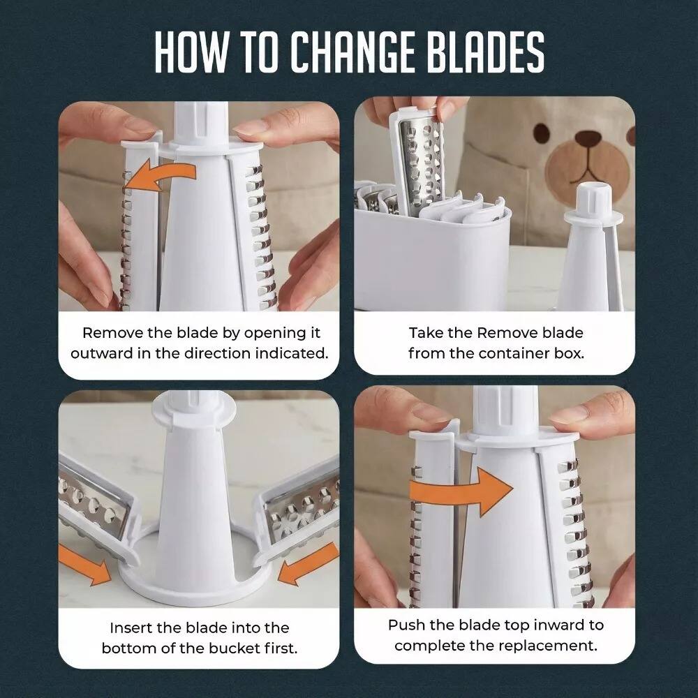HOW TO CHANGE BLADES

1. Remove the blade by opening it outward in the direction indicated.
2. Take the blade from the container box.
3. Insert the blade into the bottom of the bucket first.
4. Push the blade top inward to complete the replacement.