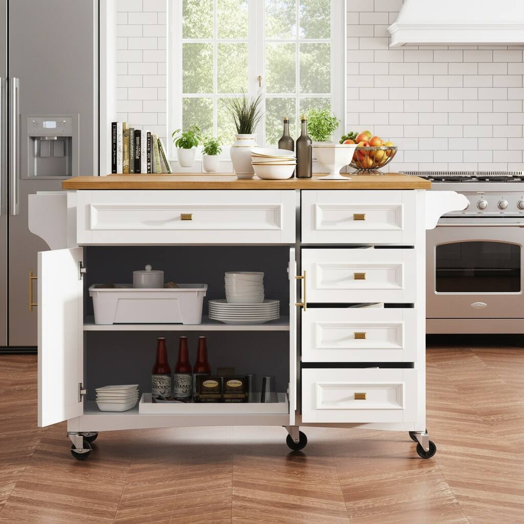 Left. Forest'nSky - 52" Kitchen Island with Drop Leaf – Embossed Texture Cart on Wheels, 5 Drawers, 2 Doors, Spice & Towel Racks, White - White.