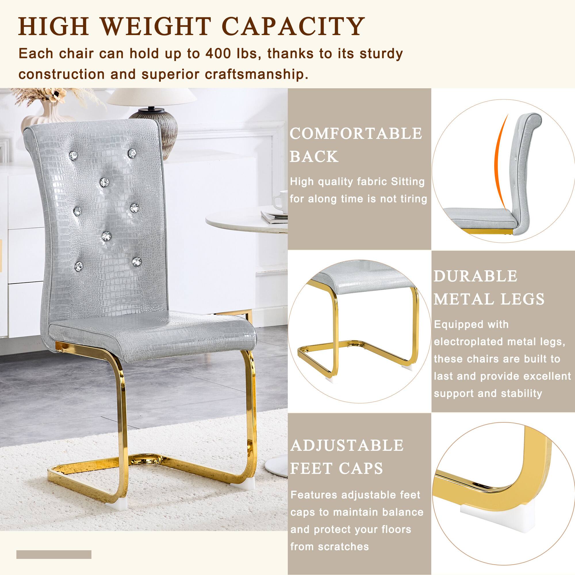 HIGH WEIGHT CAPACITY  
Each chair can hold up to 400 lbs, thanks to its sturdy construction and superior craftsmanship.

COMFORTABLE BACK  
High quality fabric. Sitting for a long time is not tiring.

DURABLE METAL LEGS  
Equipped with electroplated metal legs, these chairs are built to last and provide excellent support and stability.

ADJUSTABLE FEET CAPS  
Features adjustable feet caps to maintain balance and protect your floors from scratches.