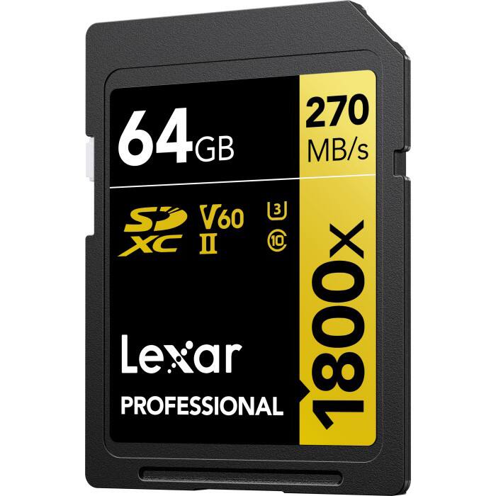 64 GB  
270 MB/s  
SDXC II  
V60  
1800x  
Lexar PROFESSIONAL