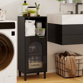 Costway - Bathroom Floor Cabinet with Adjustable Shelf, Single Tempered Glass Door, Wood Legs - Black
