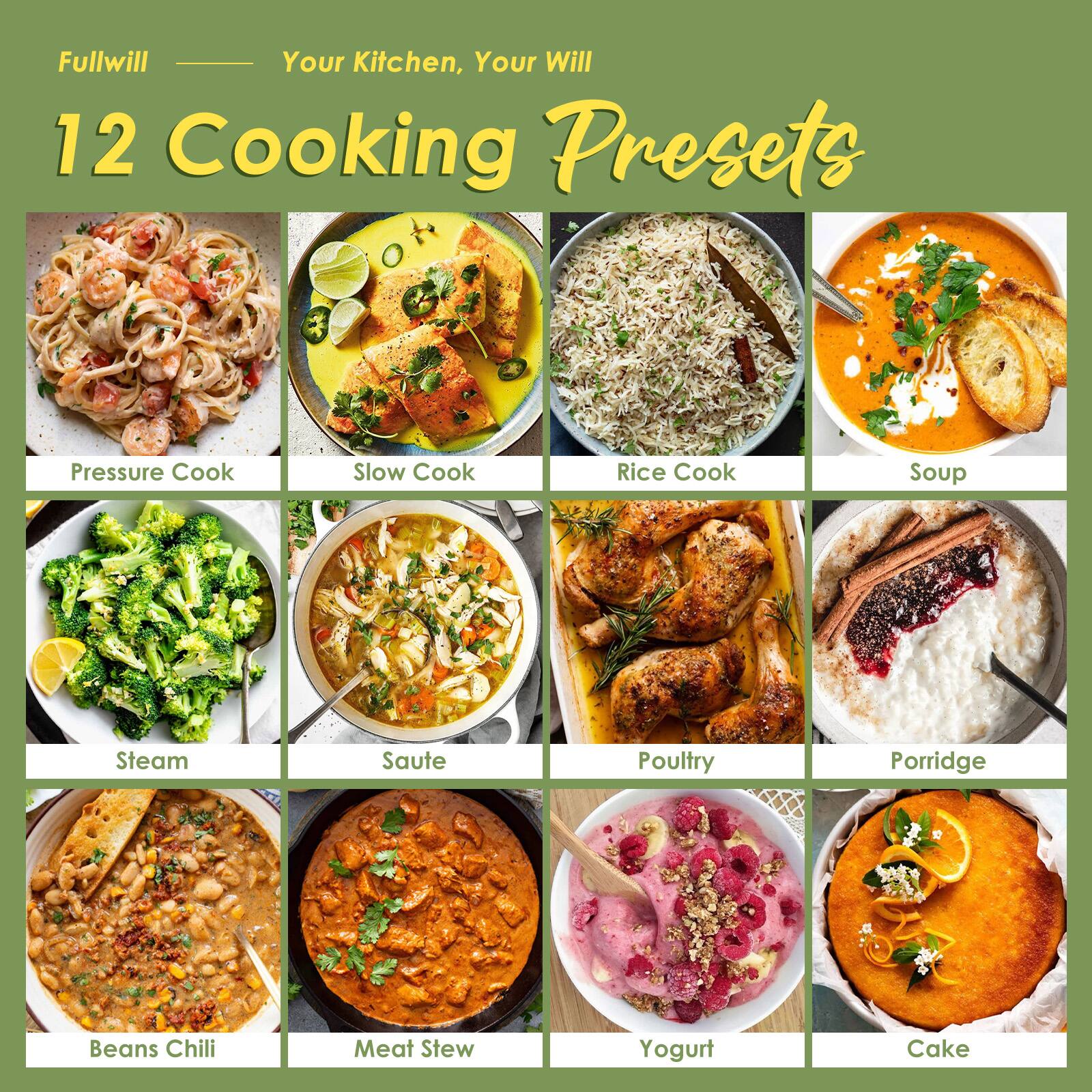 Fullwill  
Your Kitchen, Your Will  

12 Cooking Presets  

Pressure Cook  
Slow Cook  
Rice Cook  
Soup  
Steam  
Saute  
Poultry  
Porridge  
Beans Chili  
Meat Stew  
Yogurt  
Cake