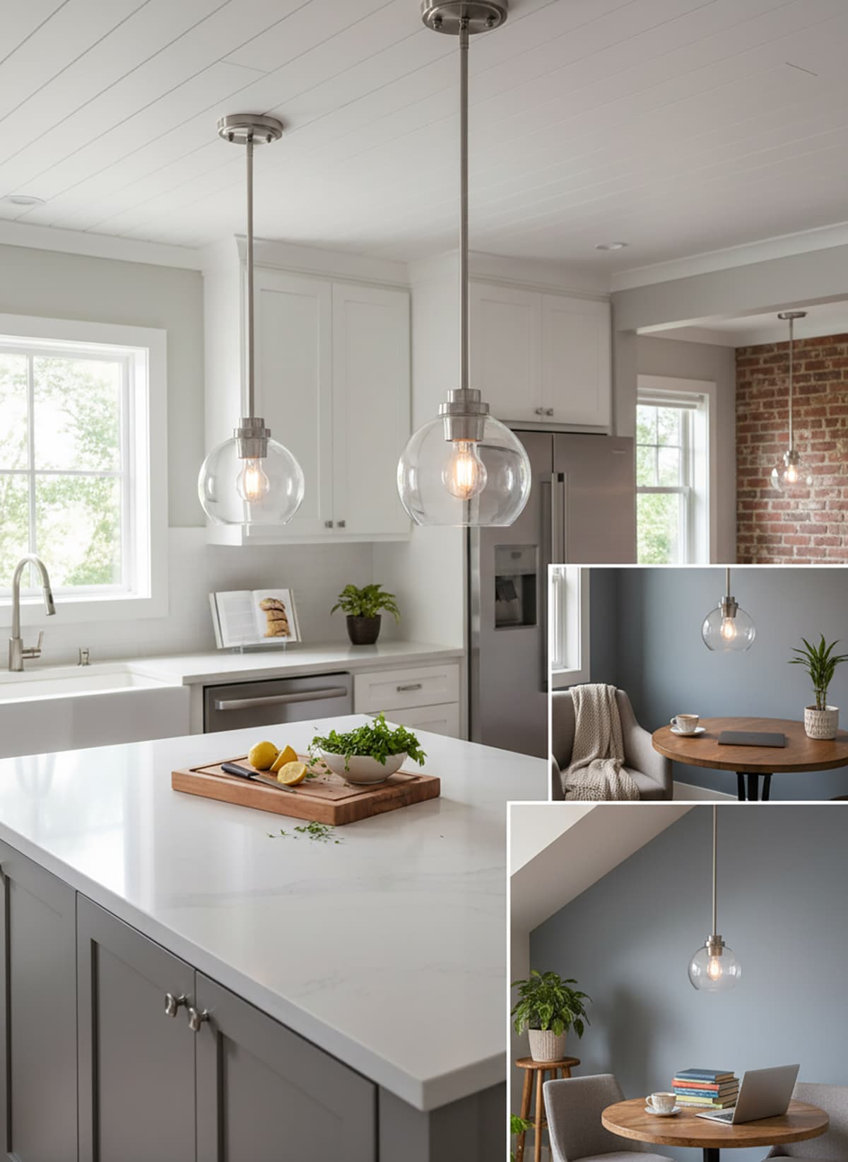 Alt View 3. FINEAK - Modern Brushed Nickel Clear Glass Globe Pendant Lights - 2 Pack, 7" Hanging Fixtures - Clear;Nickel.