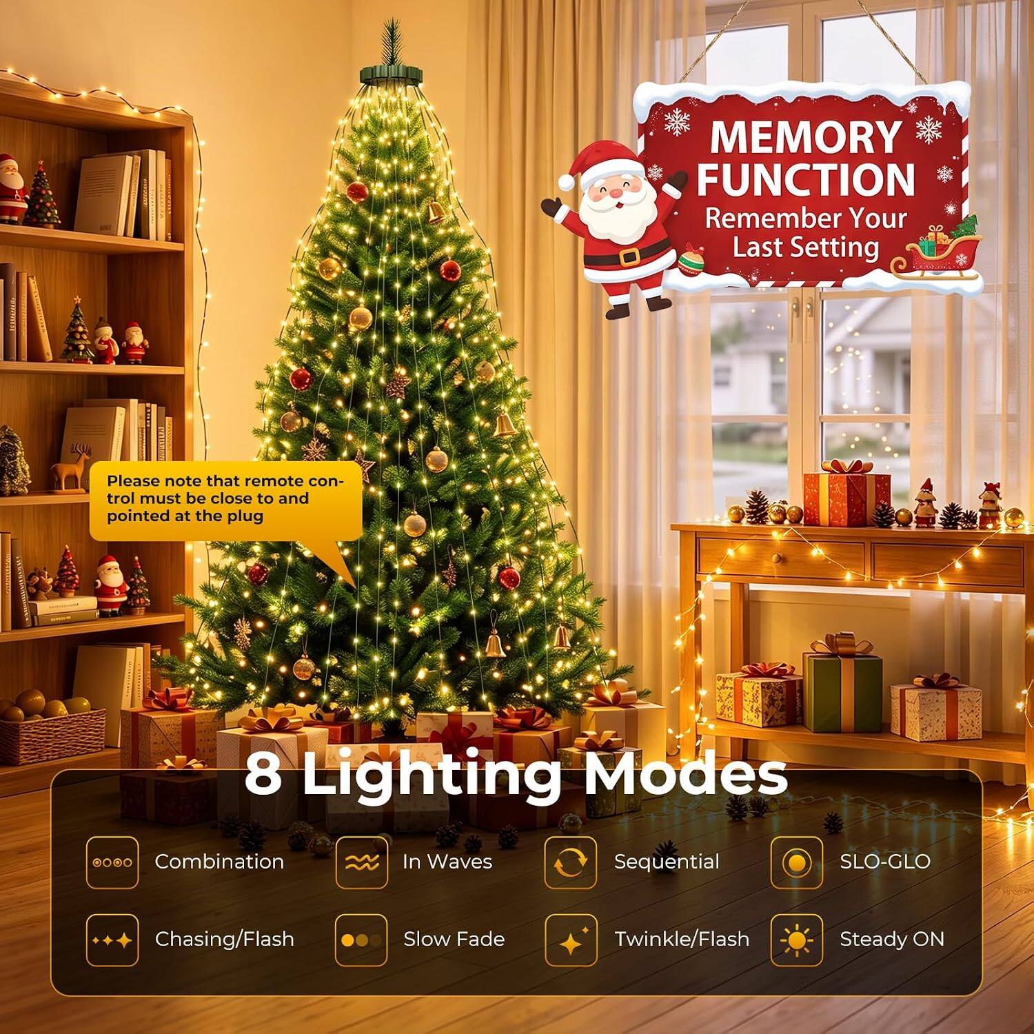 MEMORY FUNCTION Remember Your Last Setting

Please note that remote control must be close to and pointed at the plug

8 Lighting Modes
- Combination
- In Waves
- Sequential
- SLO-GLO
- Chasing/Flash
- Slow Fade
- Twinkle/Flash
- Steady ON