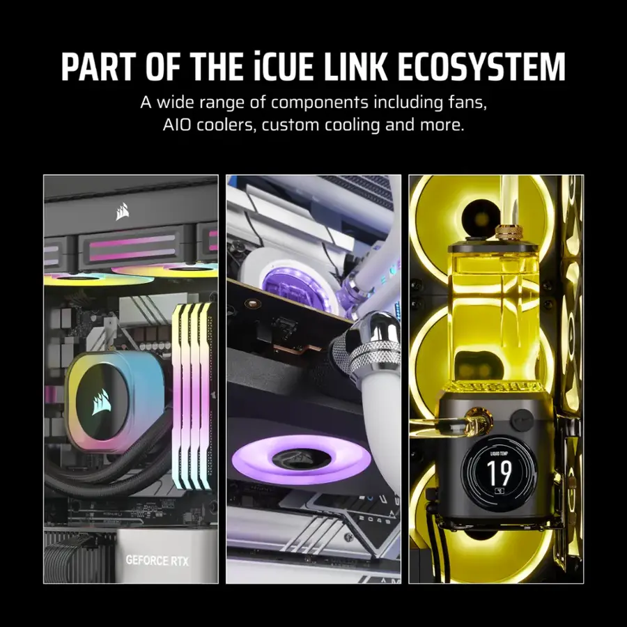 The image features a close-up of a computer with a part of the iCUE Link Ecosystem. The ecosystem includes a wide range of components such as fans, AIO coolers, custom cooling, and more. The image also showcases a GeForce RTX, which is a powerful graphics card designed for gaming and other demanding tasks. The close-up of the computer highlights the intricate details and features of the components, emphasizing the importance of a well-built and efficient system for optimal performance.