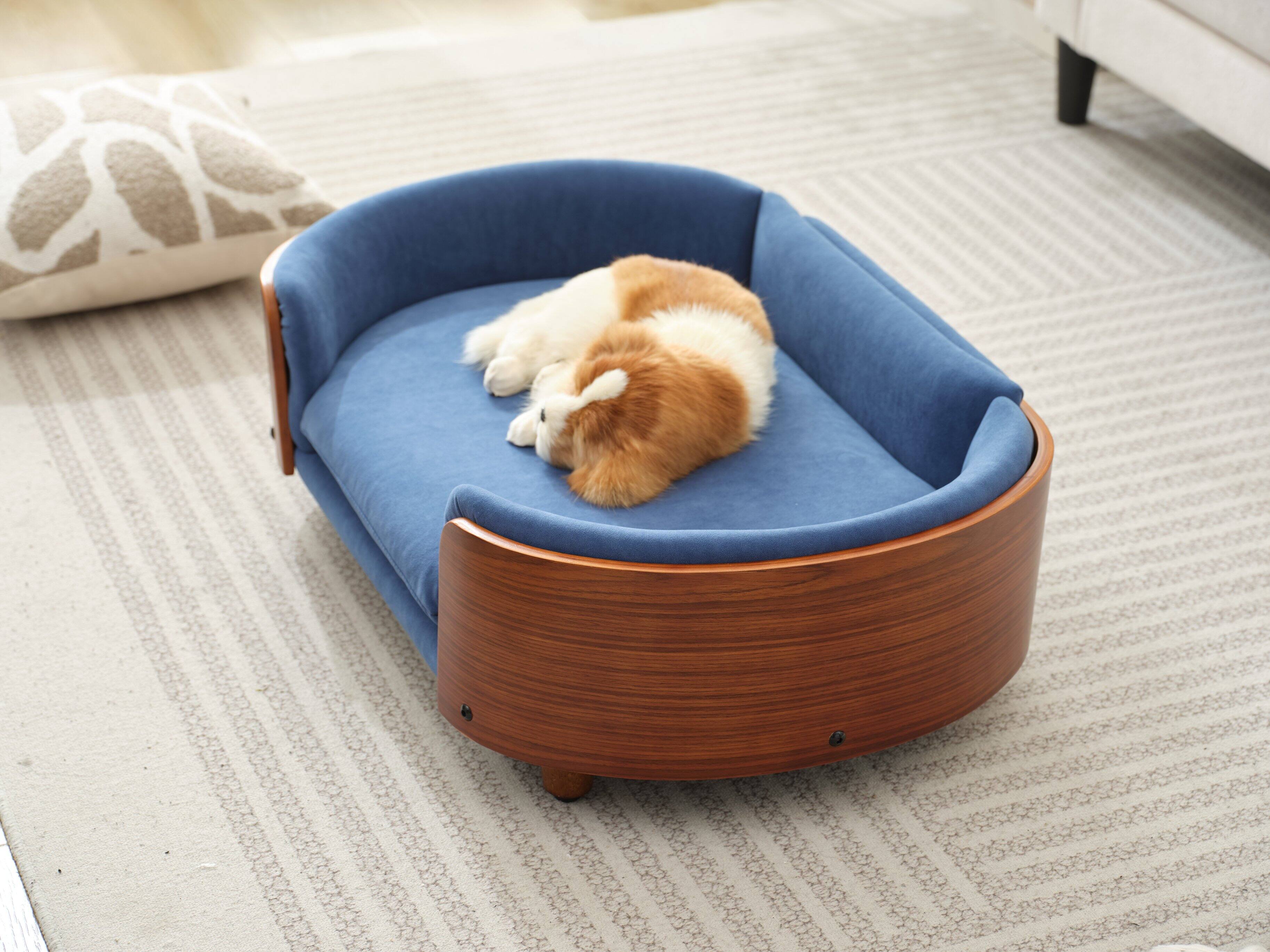 Alt View 4. Siljoy - Mid‑Size Scandinavian Pet Sofa, Walnut & Dark Blue Velvet, Elevated Orthopedic Dog Bed - Dark Blue.